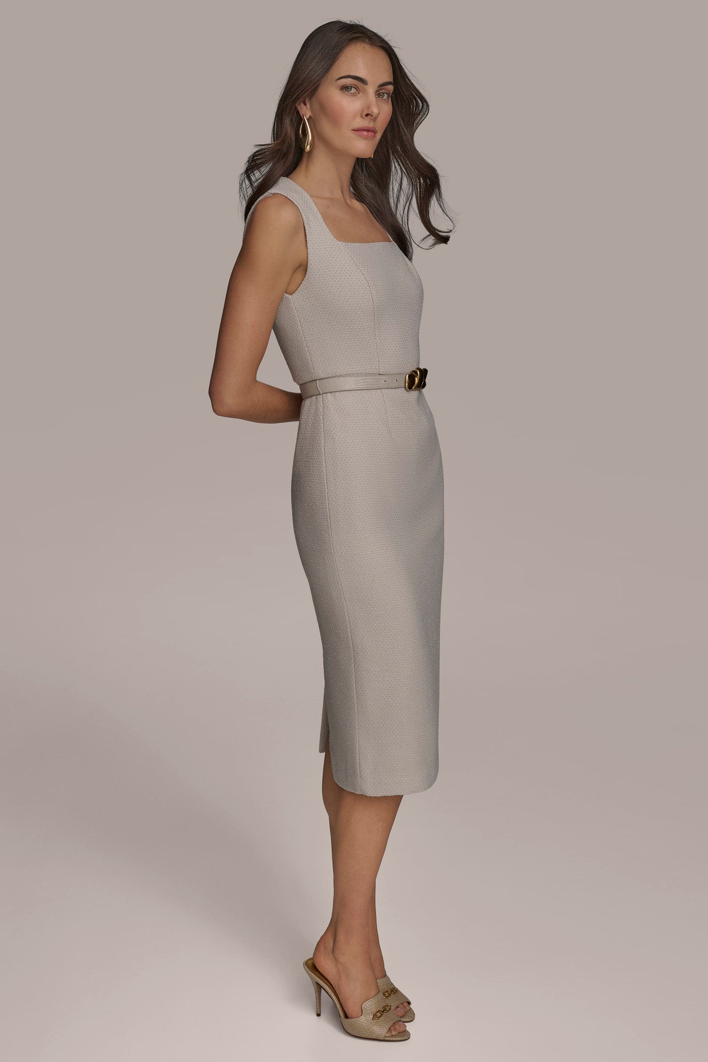 TWEED SQUARE NECK MIDI DRESS WITH BELT VIEW 3 | SALE TWEED SQUARE NECK MIDI DRESS WITH BELT VIEW 3 | SALE