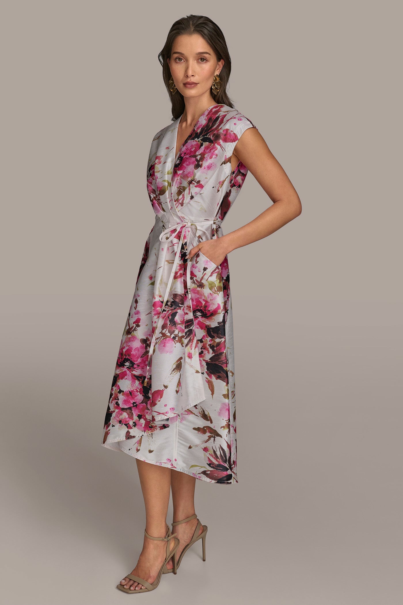 FLORAL FAUX WRAP FIT AND FLARE DRESS VIEW 3 | SALE FLORAL FAUX WRAP FIT AND FLARE DRESS VIEW 3 | SALE