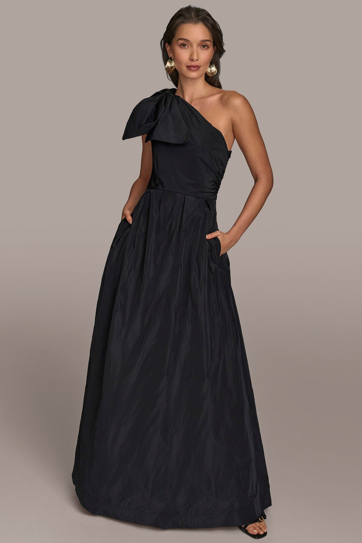 one shoulder black evening dress Donna Karan Women's Taffeta One-Shoulder Ball Gown in Black