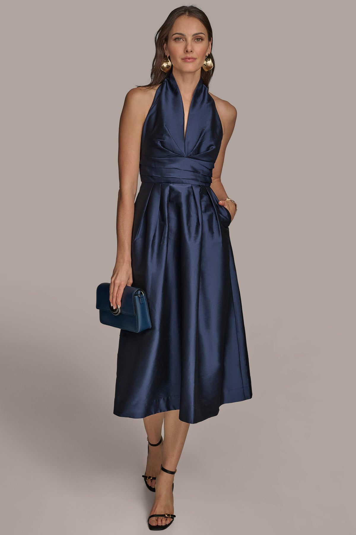 v neck cocktail dress Donna Karan Women's A-Line Halter Midi Dress - Taffeta Blue