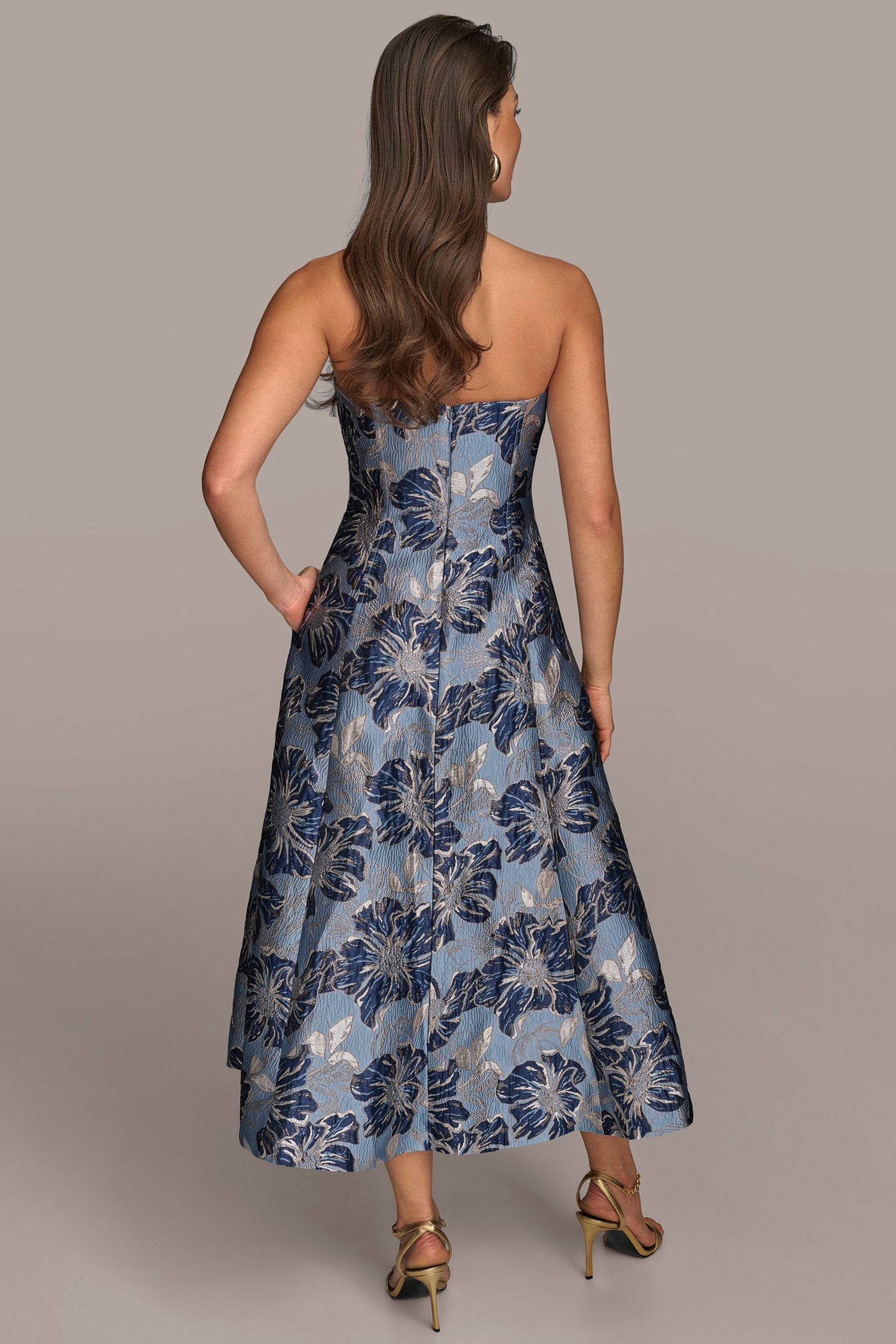 PLEATED FLORAL JACQUARD MIDI GOWN | View 2 | Cocktail & Party PLEATED FLORAL JACQUARD MIDI GOWN | View 2 | Cocktail & Party