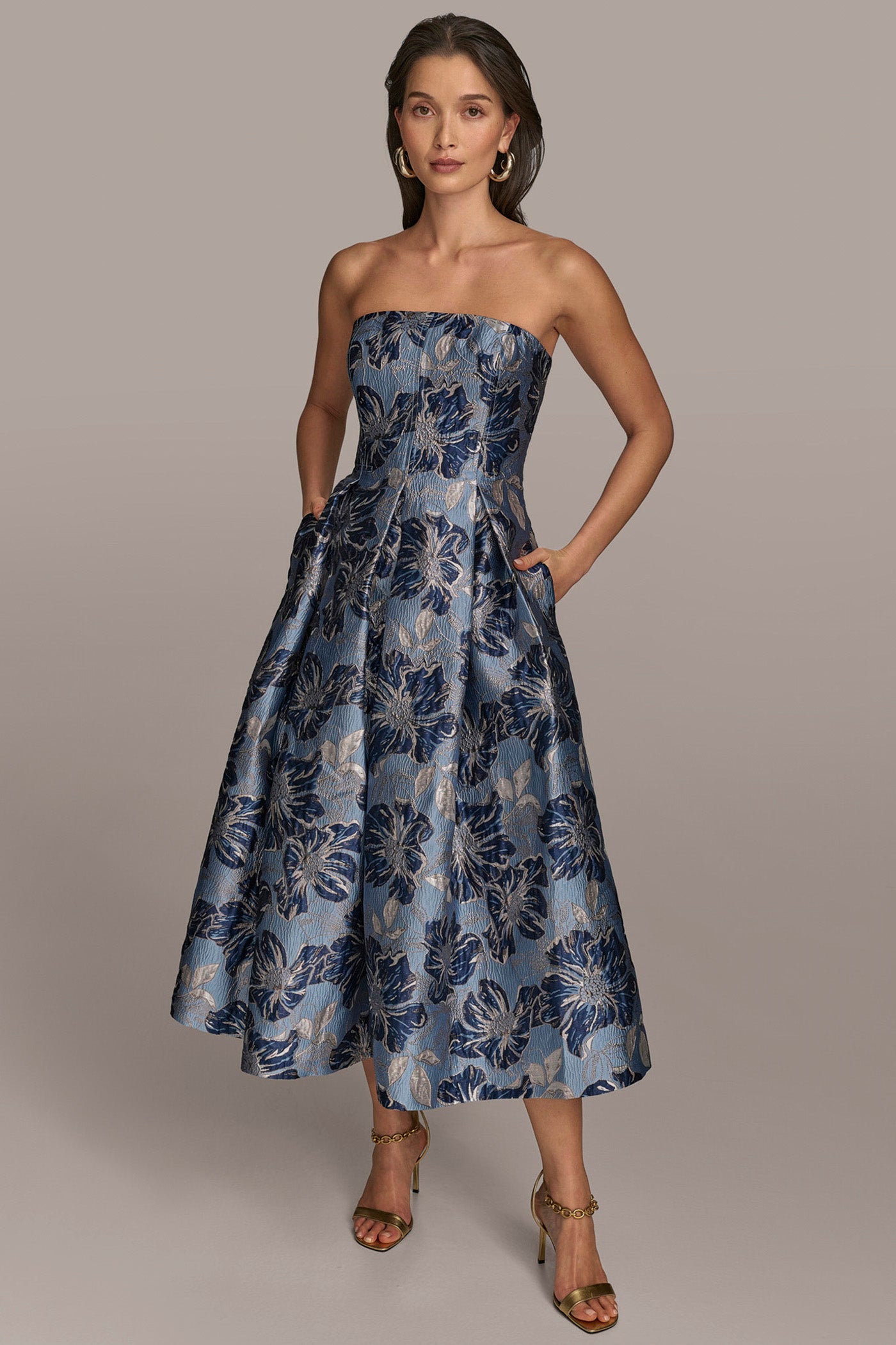 PLEATED FLORAL JACQUARD MIDI GOWN | View 1 | Cocktail & Party PLEATED FLORAL JACQUARD MIDI GOWN | View 1 | Cocktail & Party