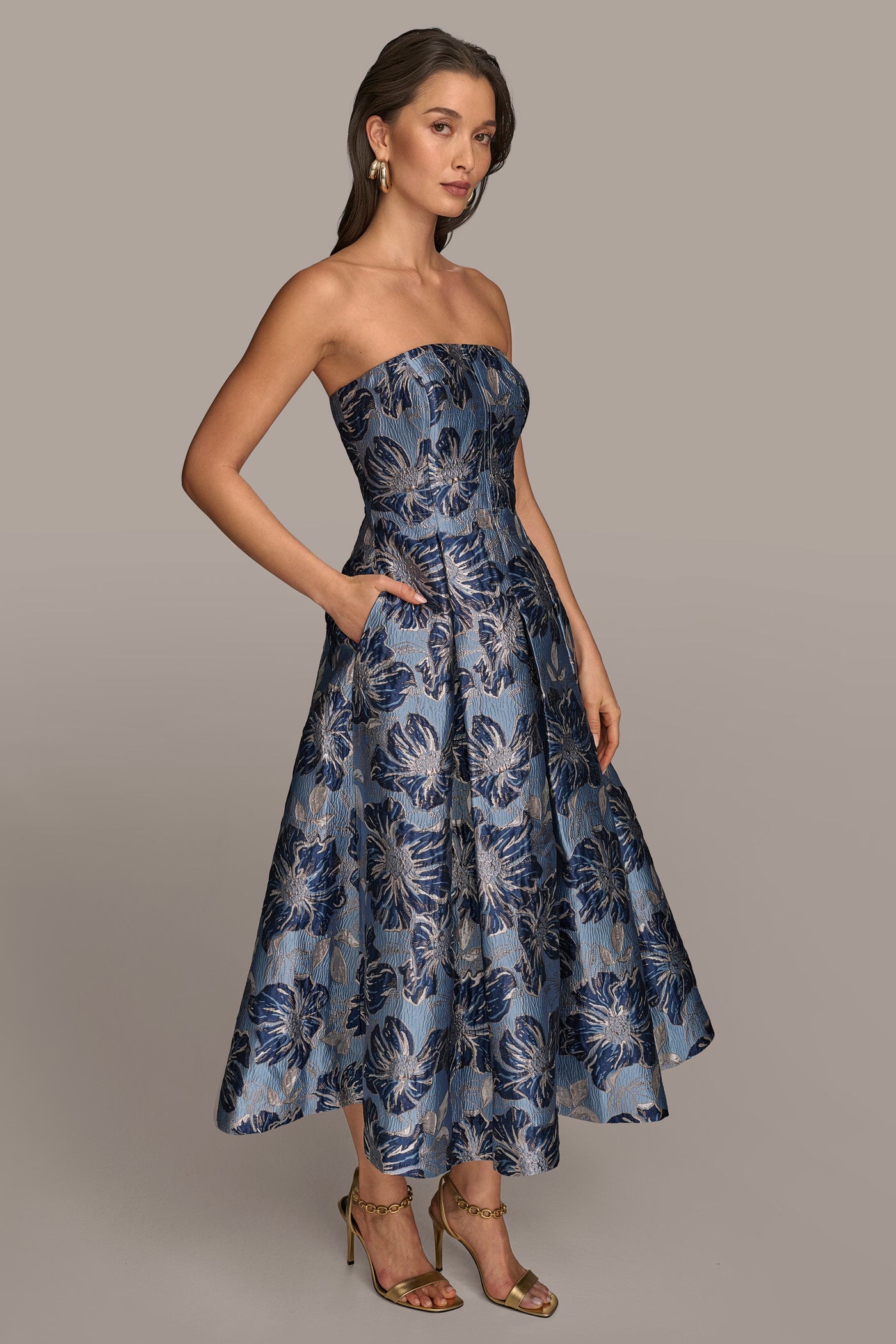 PLEATED FLORAL JACQUARD MIDI GOWN VIEW 3 PLEATED FLORAL JACQUARD MIDI GOWN VIEW 3