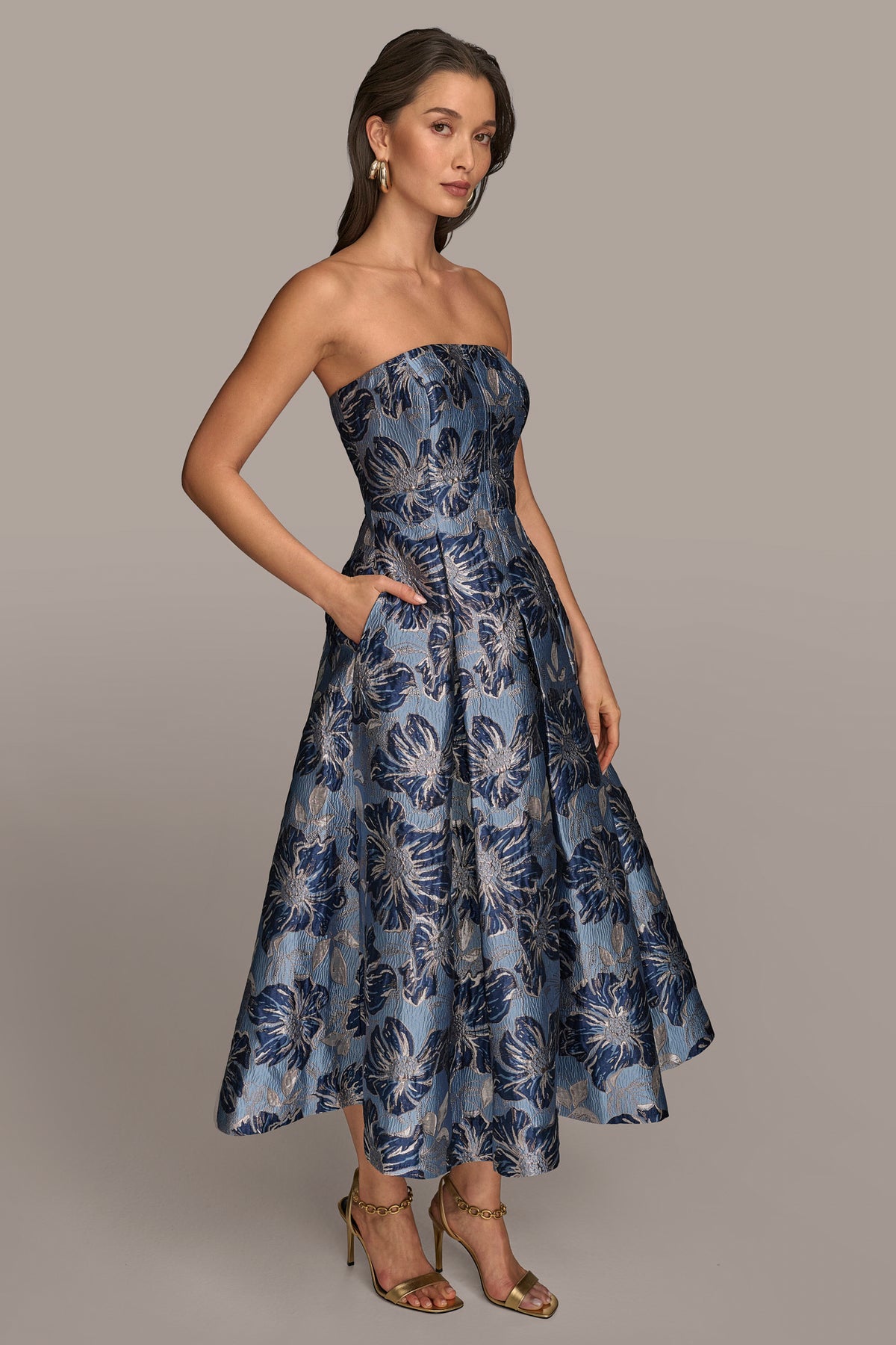 Floral Jacquard Strapless Midi Gown | GownFit and Flare