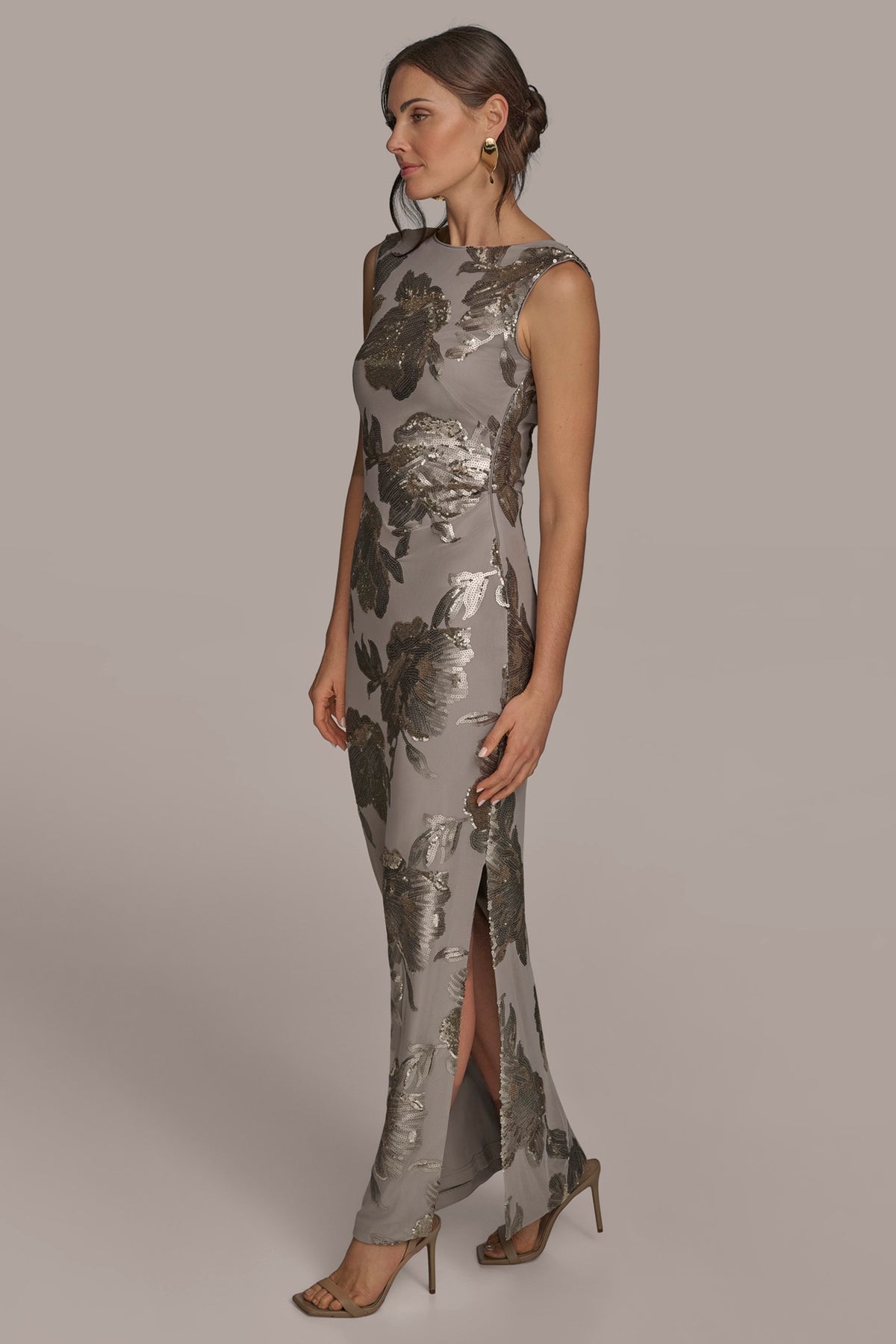 Sleeveless Floral Sequin Cowl Back Gown | Gown