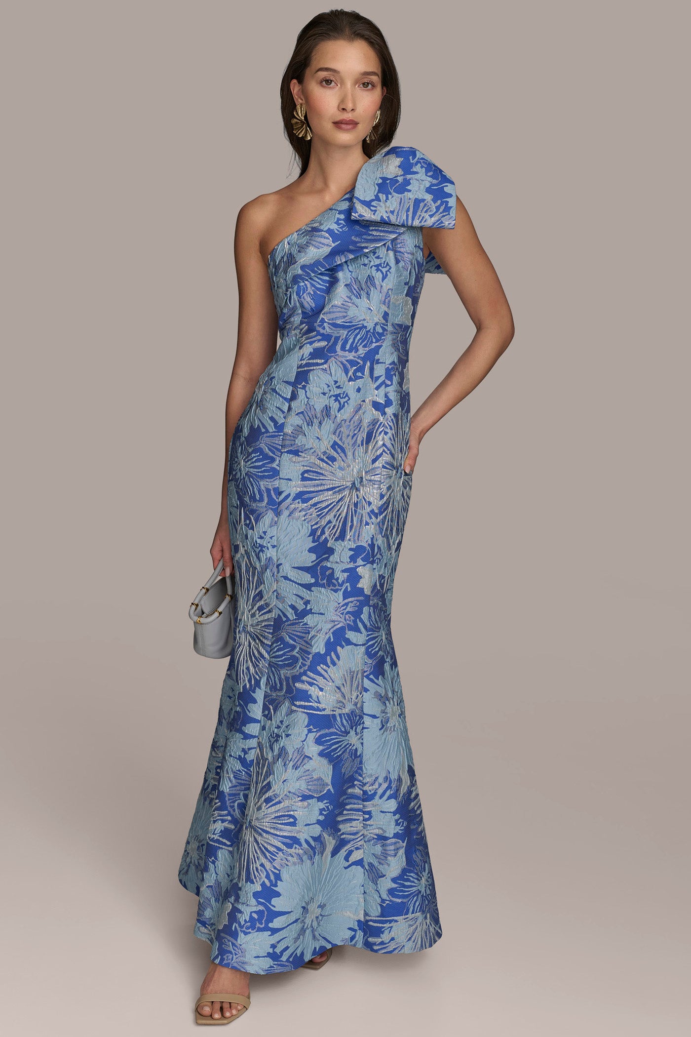BOW-EMBELLISHED ONE-SHOULDER FLORAL BROCADE GOWN VIEW 1 BOW-EMBELLISHED ONE-SHOULDER FLORAL BROCADE GOWN VIEW 1