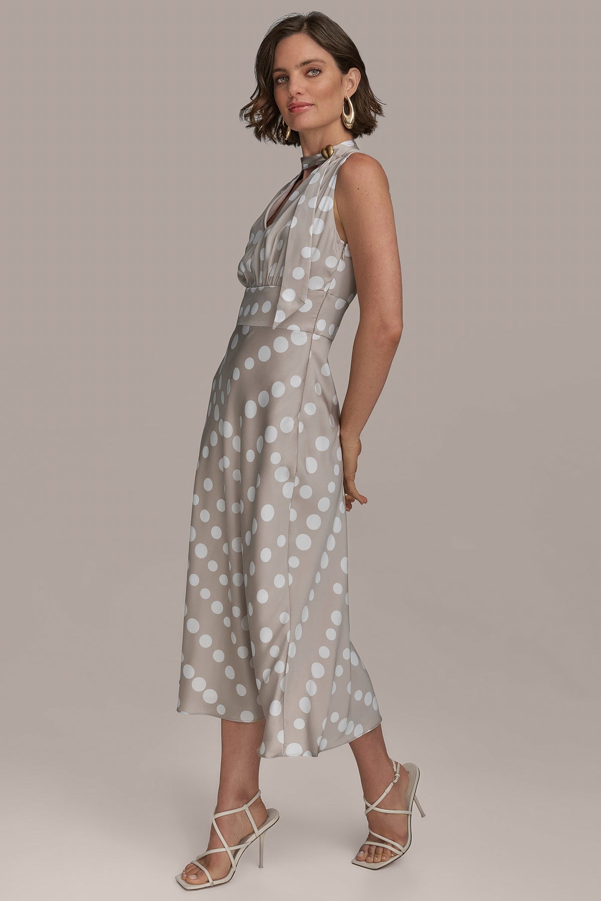polka dot georgette tie neck midi dress Black Polka Dot Square Neck Tie Strap Midi Dress