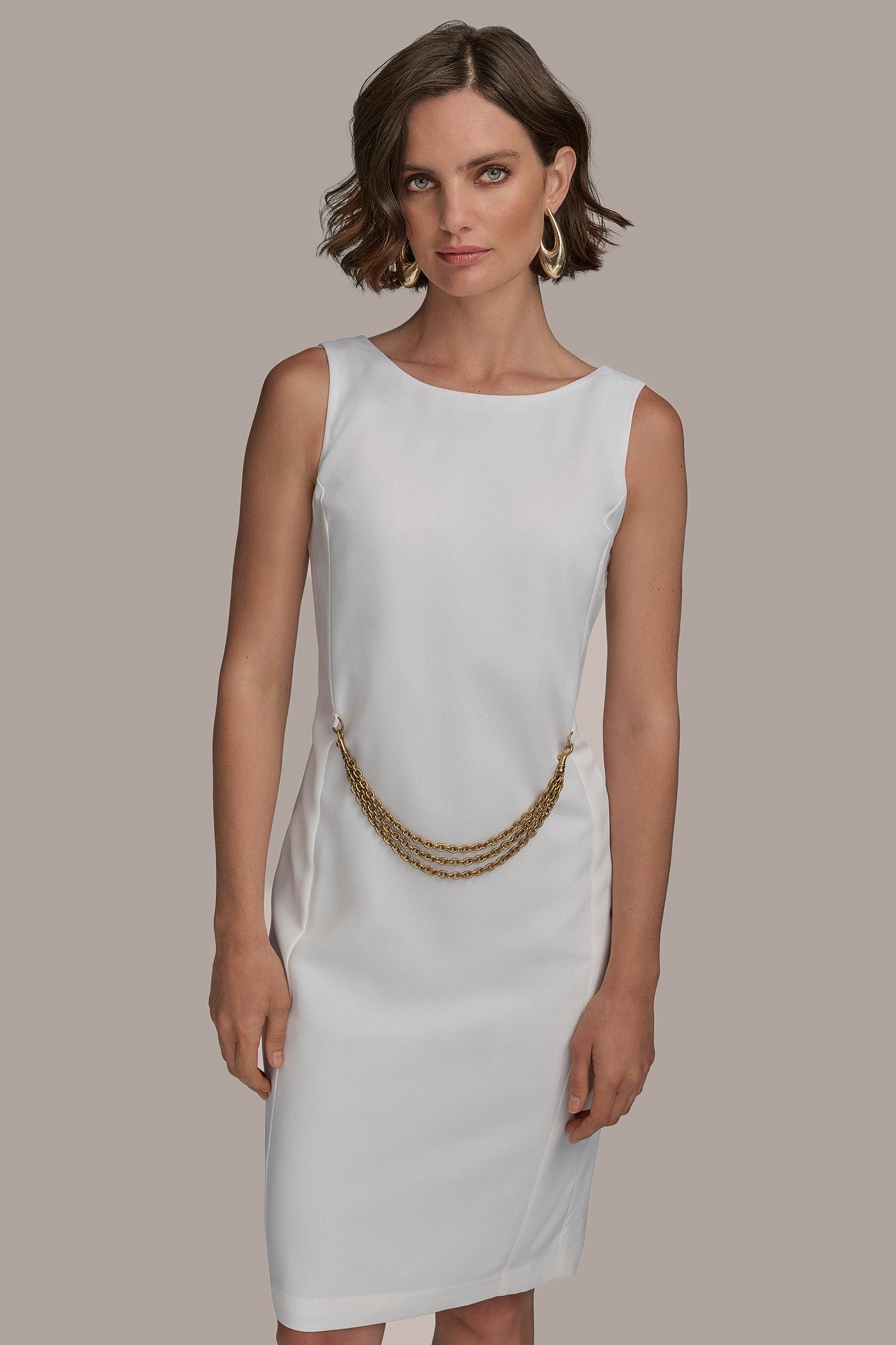 BOAT NECK SHEATH WITH CHAIN BELT VIEW 3 BOAT NECK SHEATH WITH CHAIN BELT VIEW 3