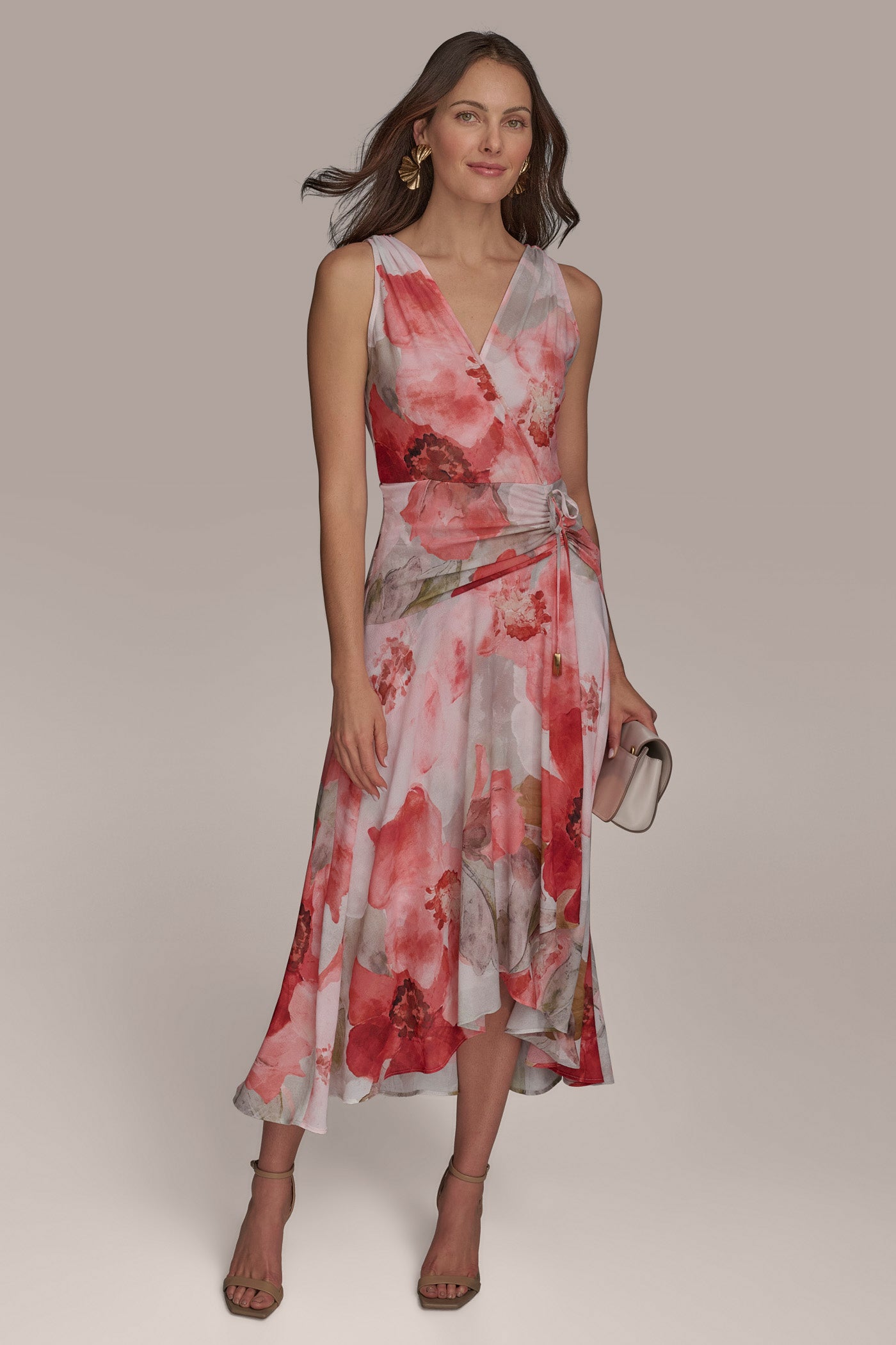 FLORAL FAUX WRAP A LINE MIDI DRESS VIEW 1 FLORAL FAUX WRAP A LINE MIDI DRESS VIEW 1