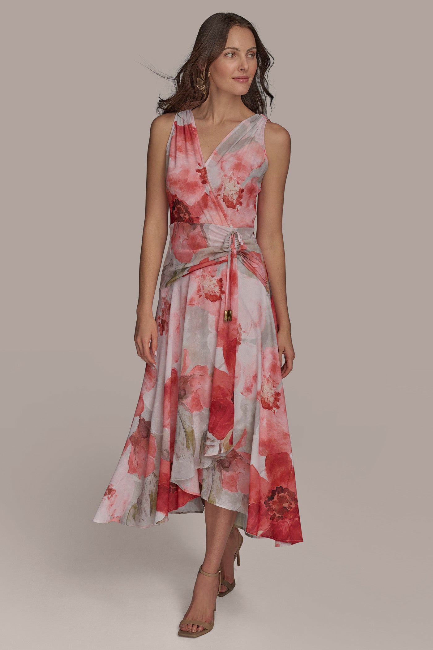 FLORAL FAUX WRAP A LINE MIDI DRESS VIEW 4 FLORAL FAUX WRAP A LINE MIDI DRESS VIEW 4