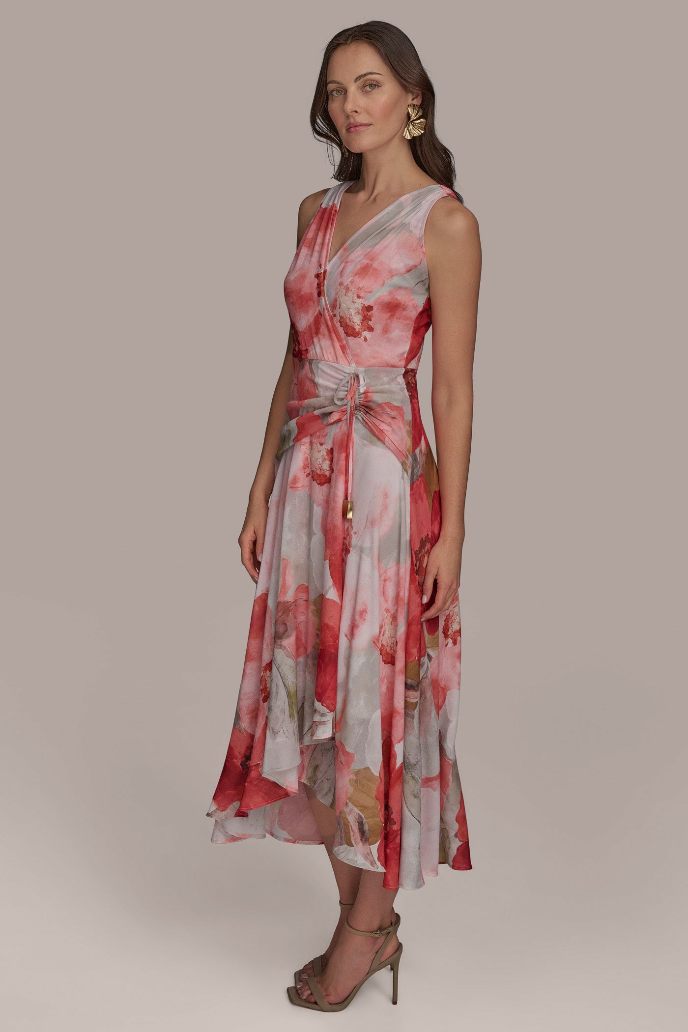 FLORAL FAUX WRAP A LINE MIDI DRESS VIEW 3 FLORAL FAUX WRAP A LINE MIDI DRESS VIEW 3