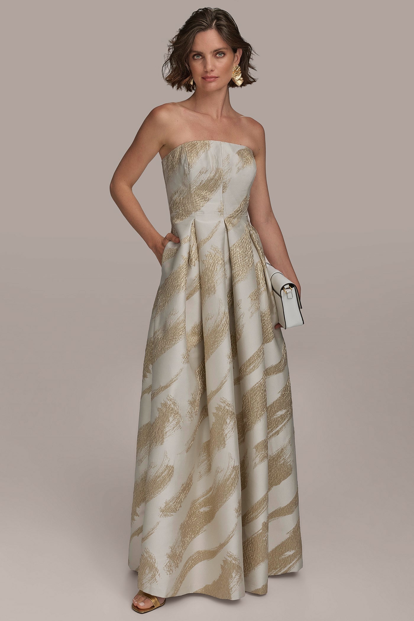 METALLIC JACQUARD BRUSH STROKE BALL GOWN | View 1 | Dresses & Jumpsuits METALLIC JACQUARD BRUSH STROKE BALL GOWN | View 1 | Dresses & Jumpsuits