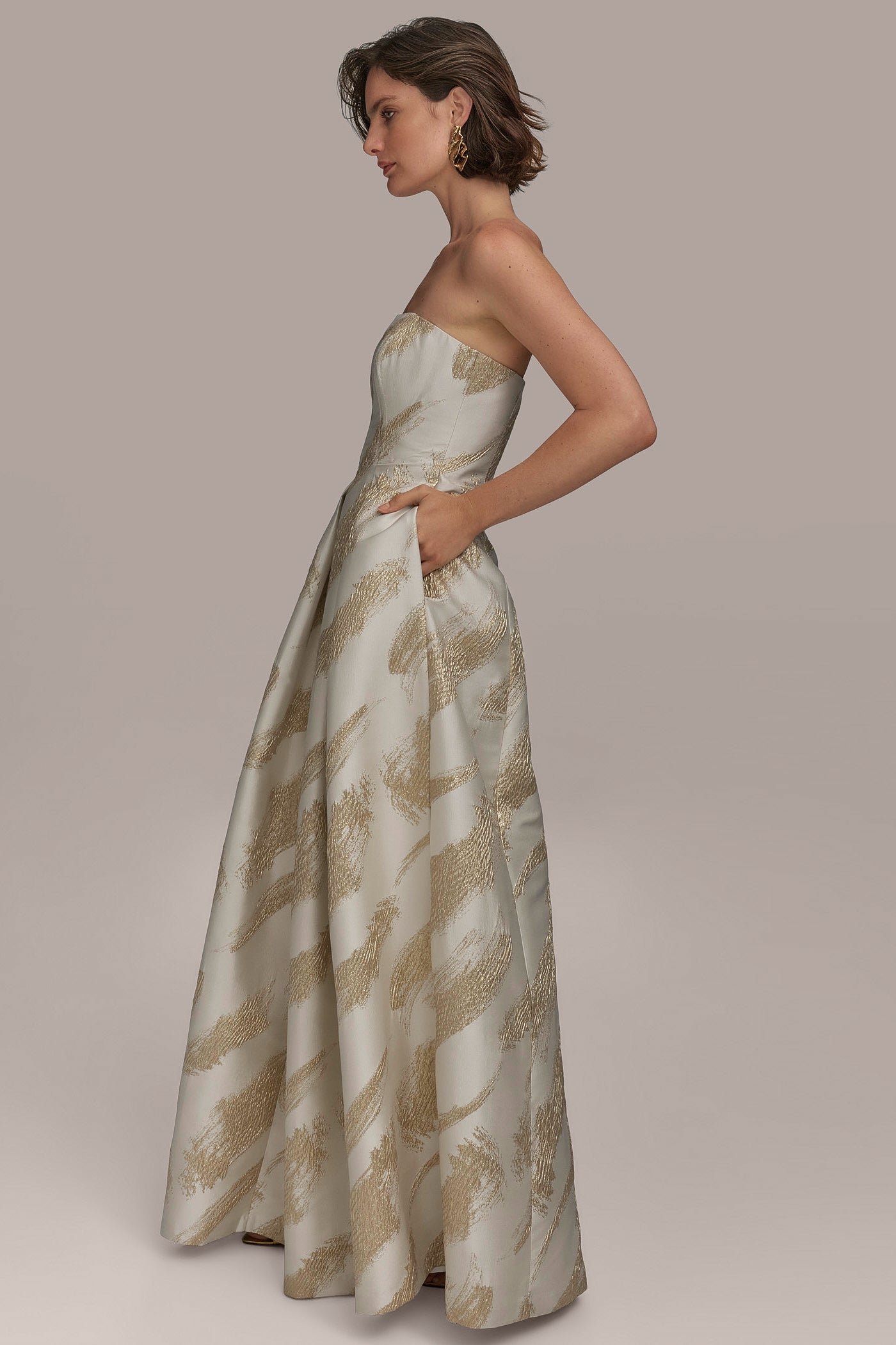 METALLIC JACQUARD BRUSH STROKE BALL GOWN VIEW 3 METALLIC JACQUARD BRUSH STROKE BALL GOWN VIEW 3