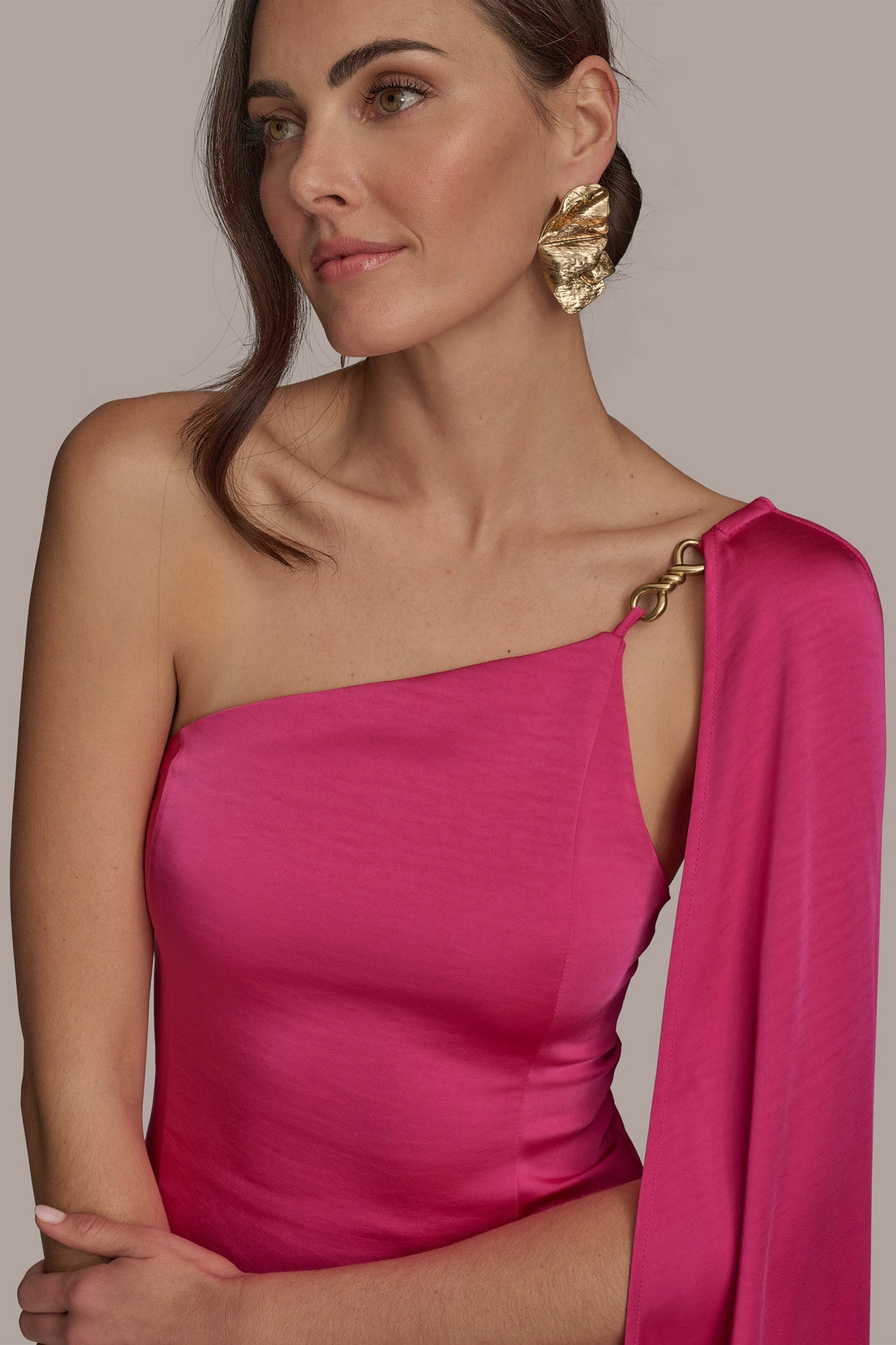 SATIN ONE SHOULDER SCARF A LINE GOWN VIEW 3 SATIN ONE SHOULDER SCARF A LINE GOWN VIEW 3