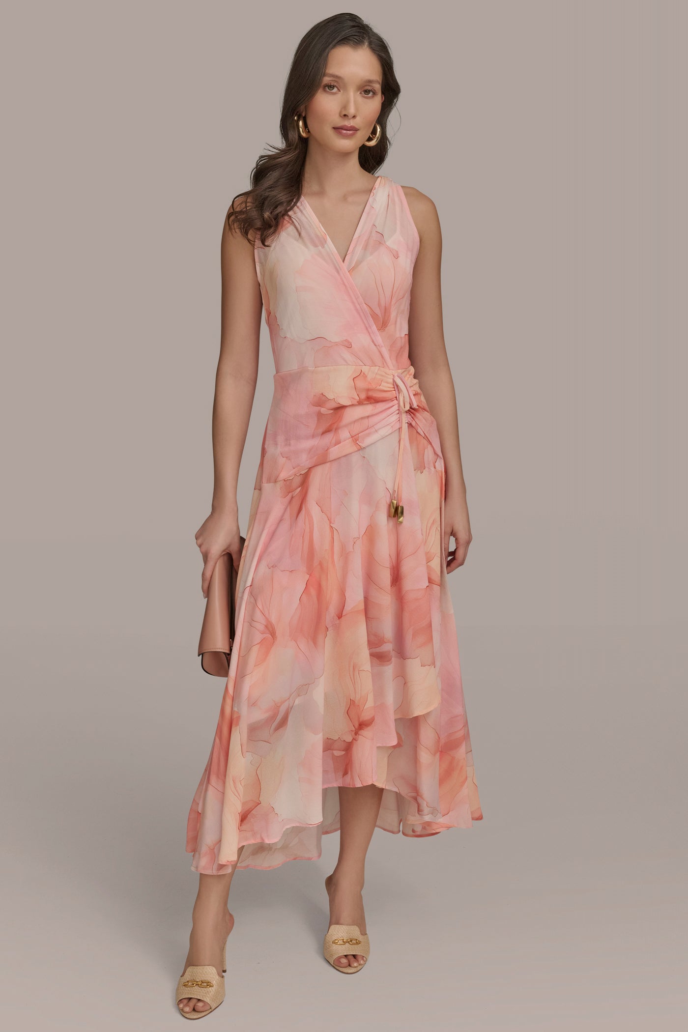 【Donna Karan】シフォン ベルト付き Aライン ドレス サイドレースAラインシフォンドレス｜パーティードレス・結婚式