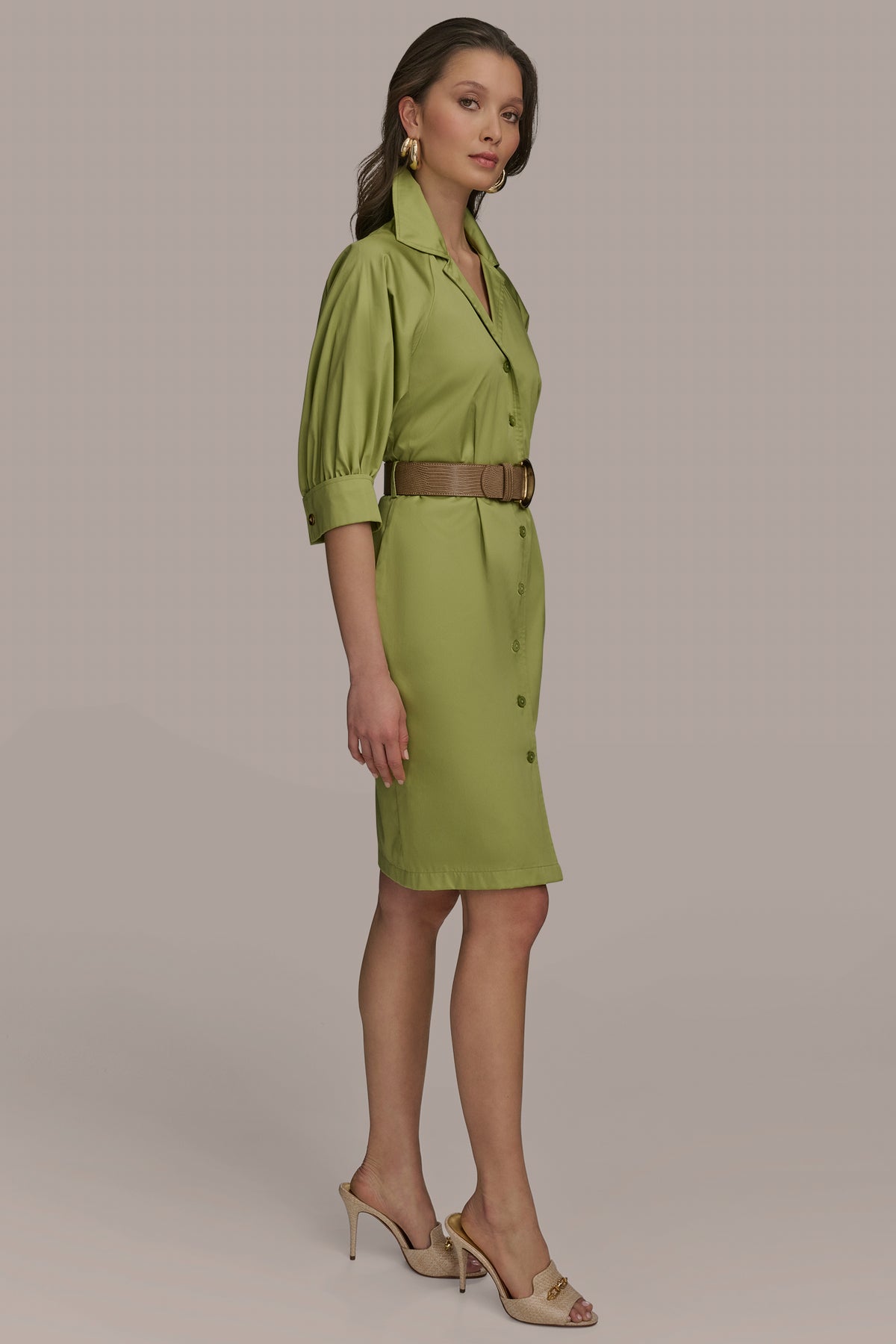 Donna Karan Cotton Sateen Belted Shirt Dress, Womens, 6, Kiwi