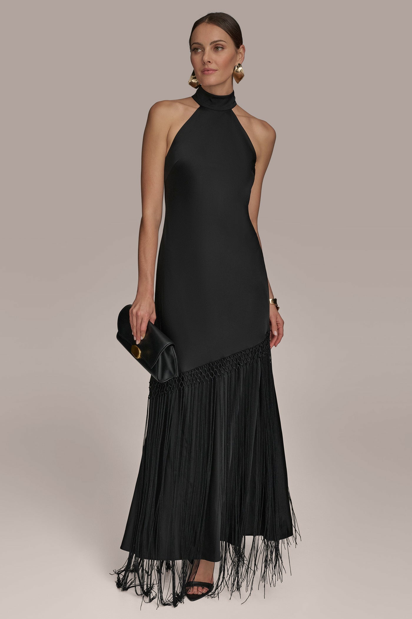 SATIN A LINE GOWN WITH FRINGE VIEW 6 | Black Dresses SATIN A LINE GOWN WITH FRINGE VIEW 6 | Black Dresses