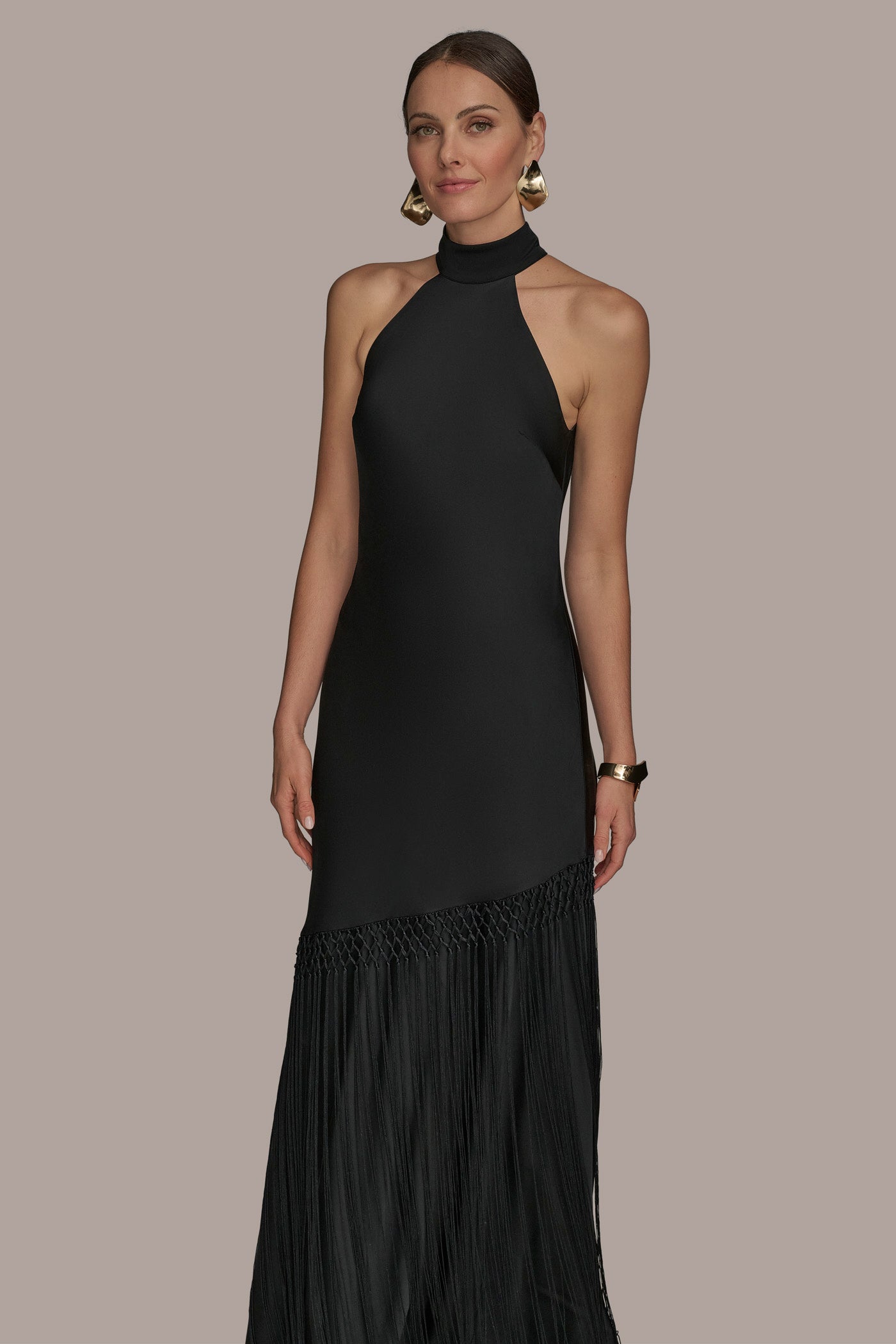 SATIN A LINE GOWN WITH FRINGE VIEW 7 | Black Dresses SATIN A LINE GOWN WITH FRINGE VIEW 7 | Black Dresses