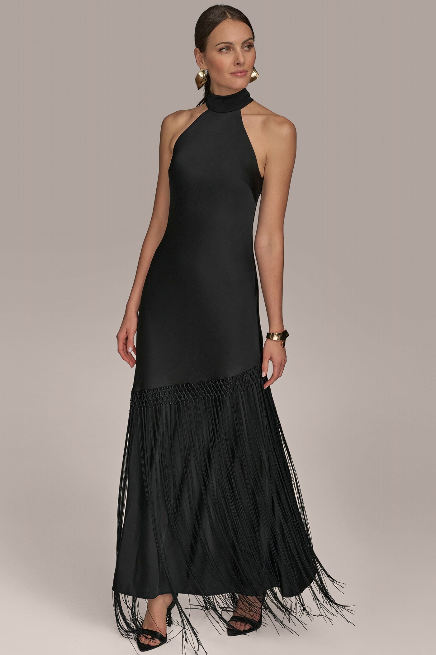 SATIN A LINE GOWN WITH FRINGE | View 1 | Black Dresses SATIN A LINE GOWN WITH FRINGE | View 1 | Black Dresses