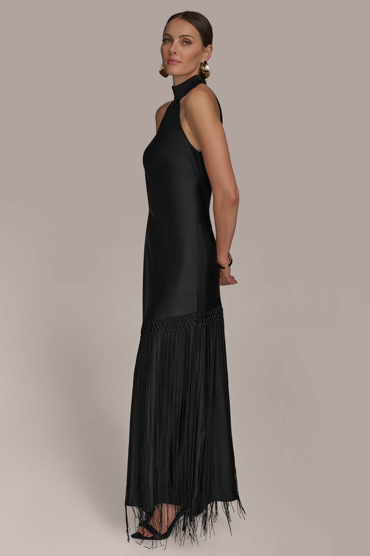 SATIN A LINE GOWN WITH FRINGE VIEW 3 | Black Dresses SATIN A LINE GOWN WITH FRINGE VIEW 3 | Black Dresses