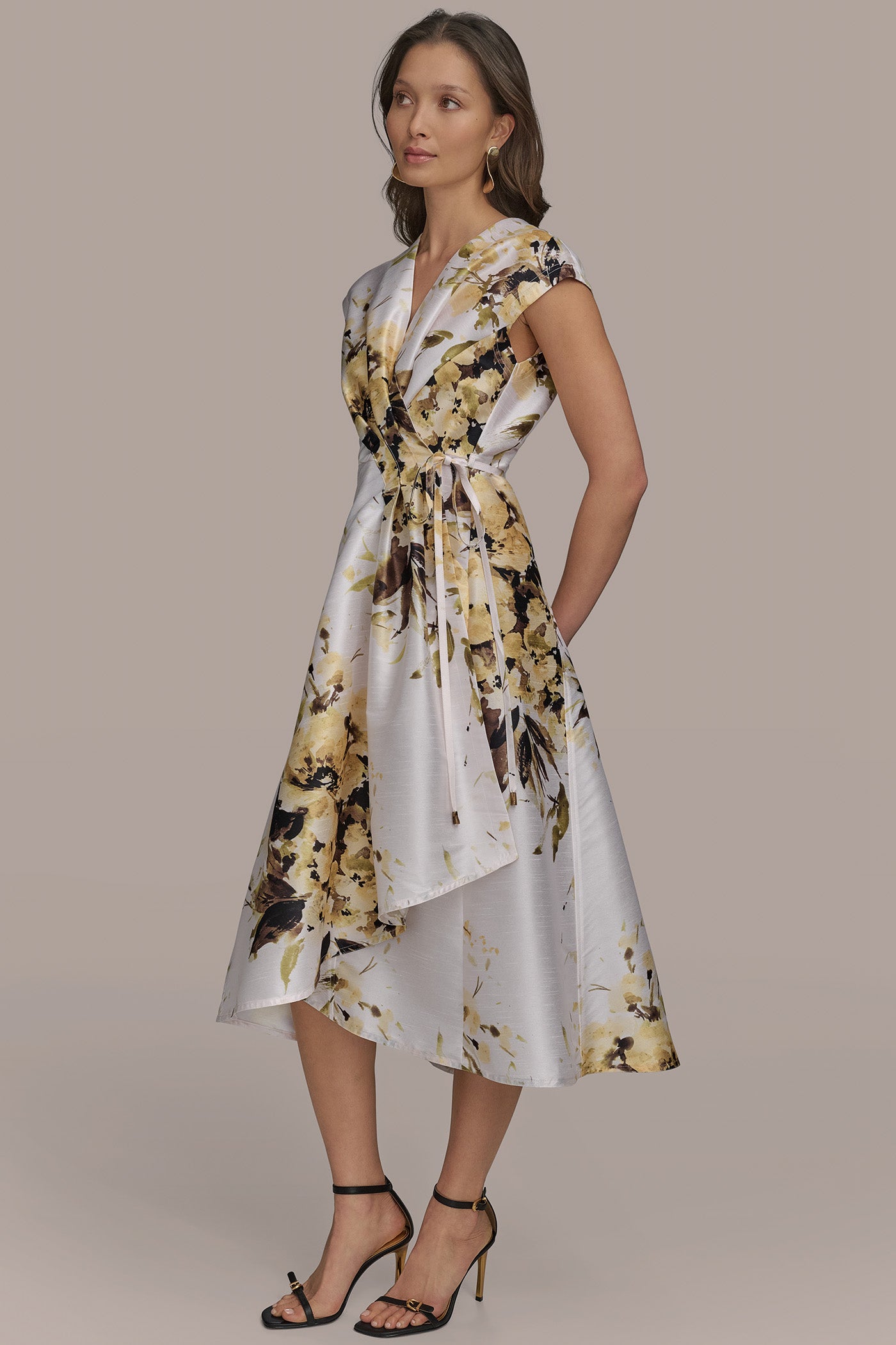 FLORAL FAUX WRAP FIT AND FLARE DRESS VIEW 3 FLORAL FAUX WRAP FIT AND FLARE DRESS VIEW 3