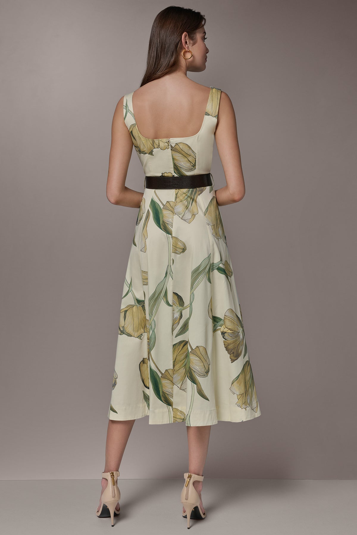 Cotton Sateen Printed Midi A Line Dress | Fit and Flare