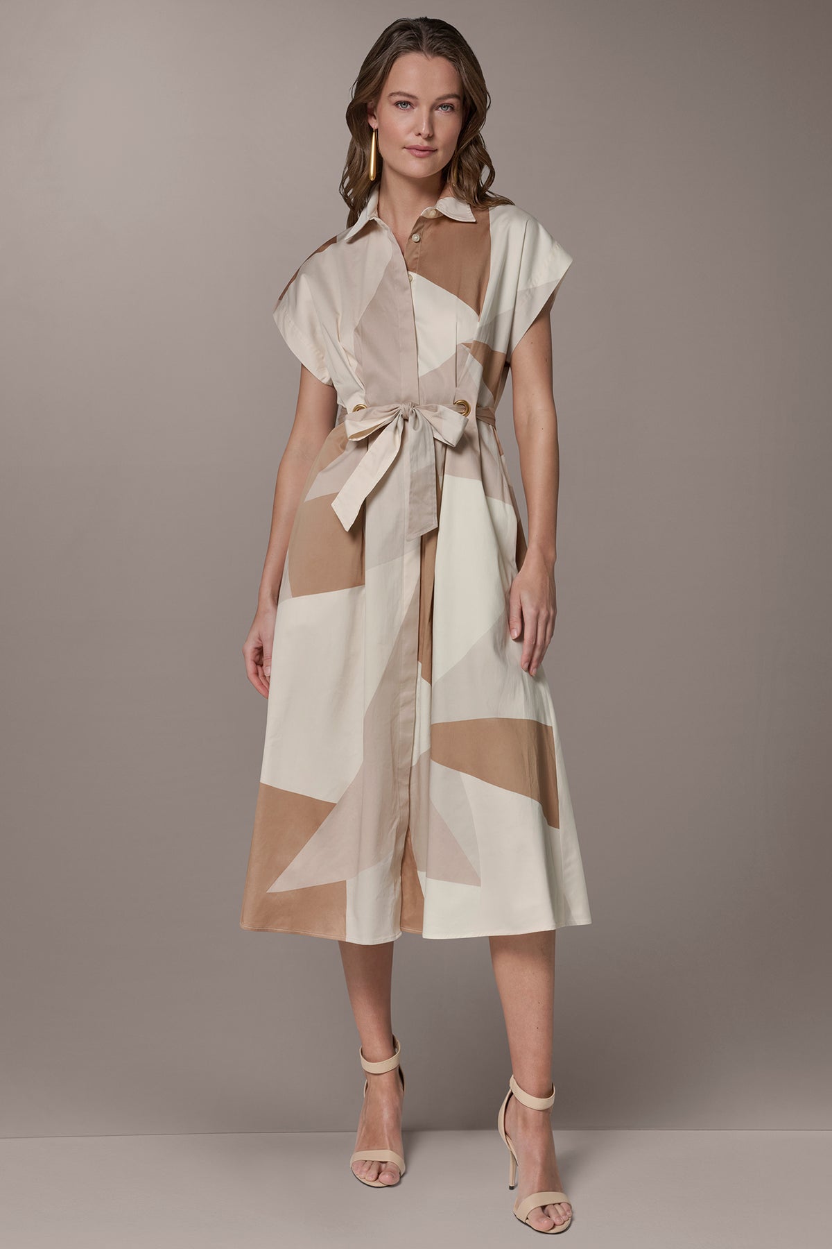 donna karan beige dress Donna Karan New York Women's Button-Front Short-Sleeve Midi Belted Dress