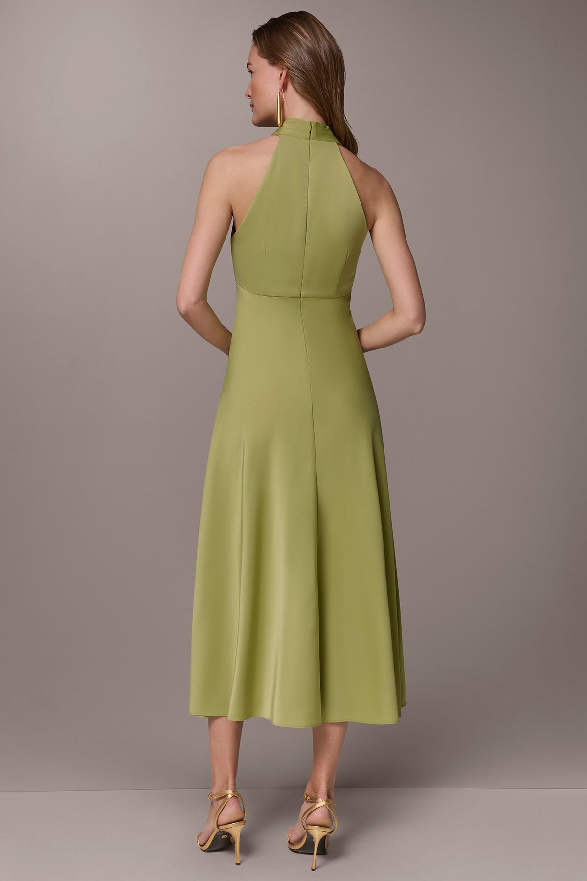 Donna Karan Women's Satin Midi A-Line Halter Dress in Kiwi Donna Karan Women's Satin Midi A-Line Halter Dress in Kiwi