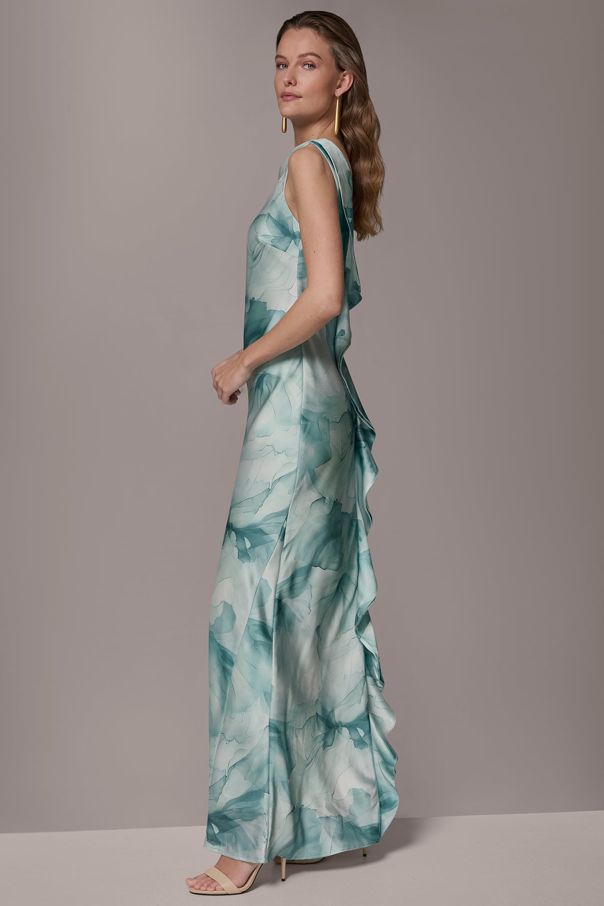 carmichael maxi dress Donna Karan Women's Charmeuse Floral Ruffle Gown in Waterlily Multi