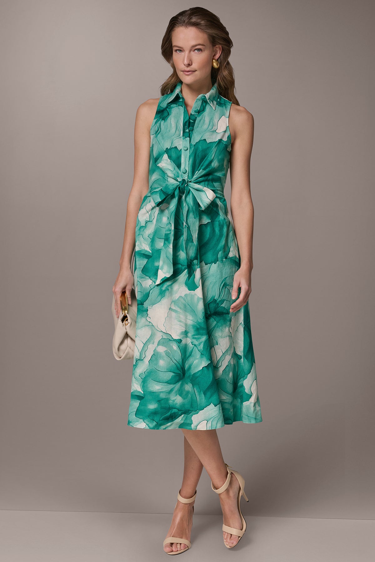 Donna Karan Women's Linen-Blend Floral Midi Shirt Dress in Lawn Multi Green, Size 8
