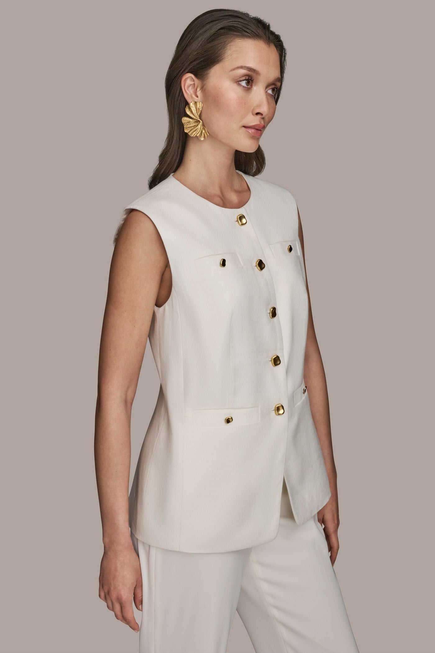LINEN BLEND BUTTON FRONT VEST VIEW 3 | Clothing LINEN BLEND BUTTON FRONT VEST VIEW 3 | Clothing