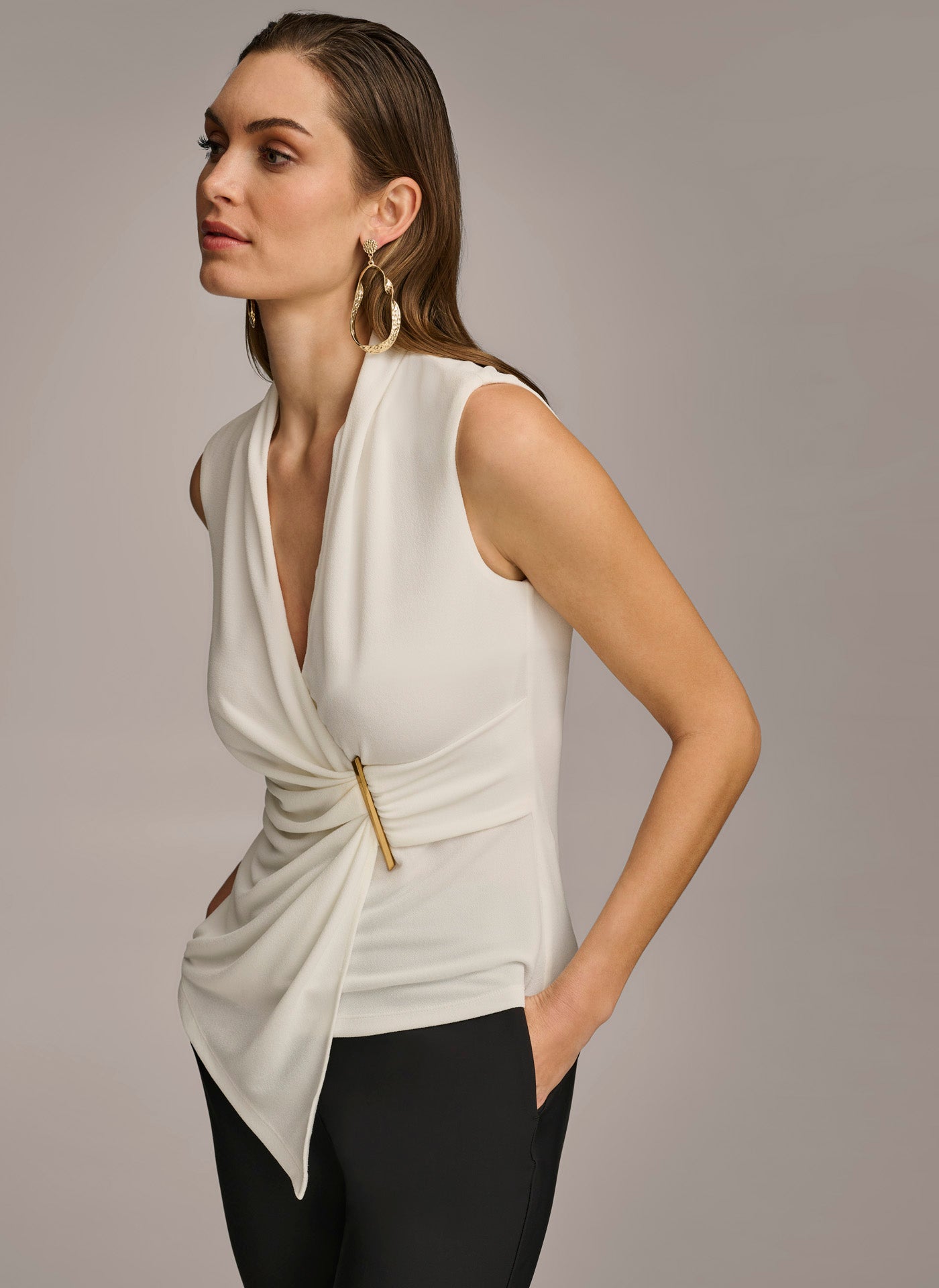 V-NECK WITH HARDWARE AND RUCHED DETAIL