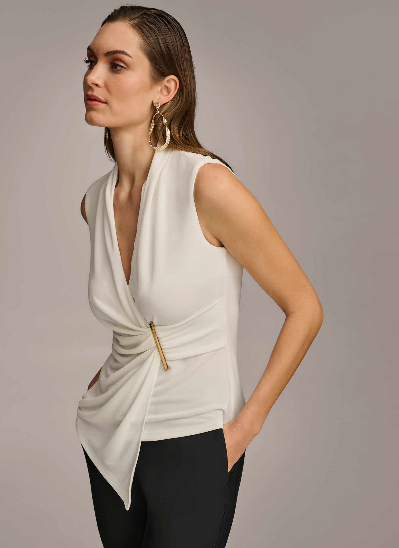 V NECK WITH HARDWARE AND RUCHED DETAIL VIEW 4 | Suits and Separates V NECK WITH HARDWARE AND RUCHED DETAIL VIEW 4 | Suits and Separates