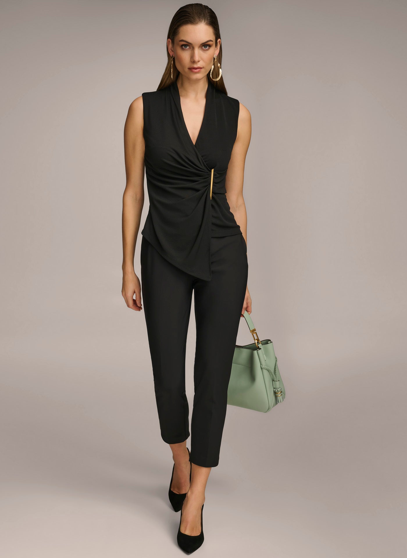 V NECK TOP WITH HARDWARE AND RUCHED DETAIL VIEW 3 | Suits and Separates V NECK TOP WITH HARDWARE AND RUCHED DETAIL VIEW 3 | Suits and Separates