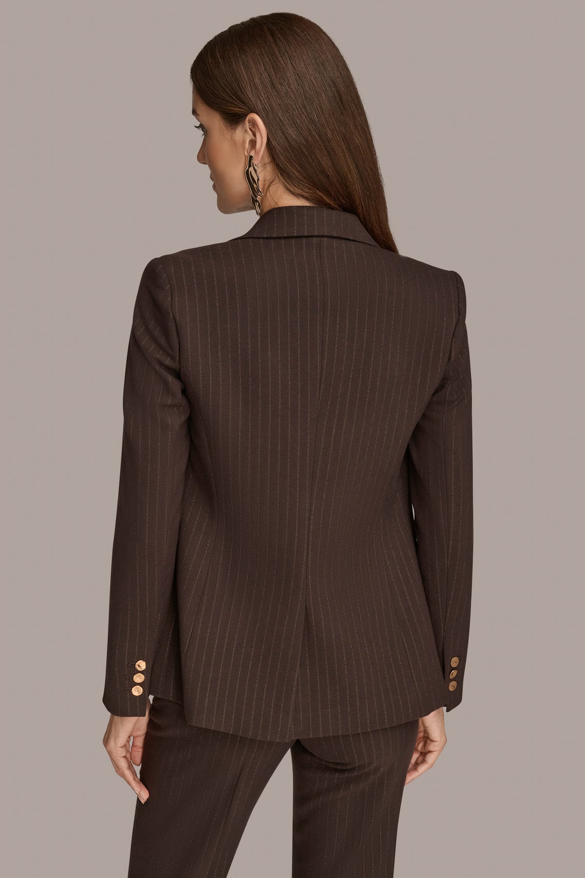 Blazer Femme DKNY Marron à Rayures - Taille 4 - 3 Boutons - Lainage Mélangé - Occasion Très Bon état