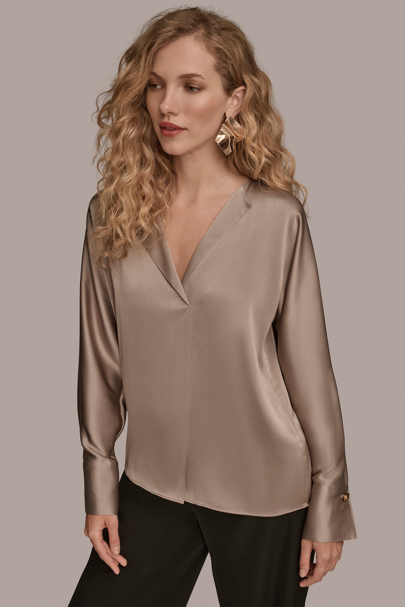 HAMMERED SATIN LONG SLEEVE V-NECK TOP VIEW 4 | Clothing HAMMERED SATIN LONG SLEEVE V-NECK TOP VIEW 4 | Clothing