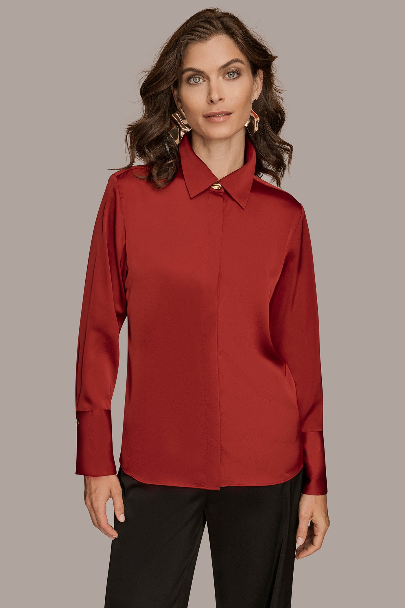SOLID SATIN BUTTON DOWN BLOUSE | View 1 | Suits and Separates SOLID SATIN BUTTON DOWN BLOUSE | View 1 | Suits and Separates