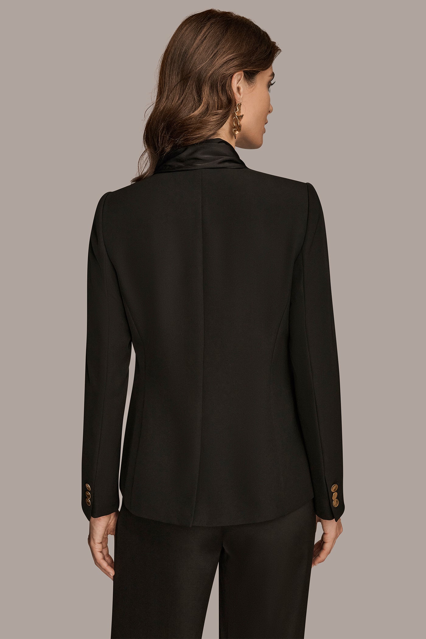 MIXED MEDIA ONE BUTTON COLLARLESS JACKET | View 2 | Blazers & Vests MIXED MEDIA ONE BUTTON COLLARLESS JACKET | View 2 | Blazers & Vests