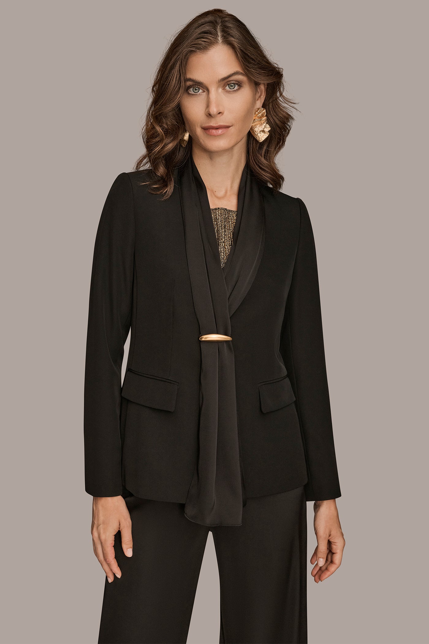 MIXED MEDIA ONE BUTTON COLLARLESS JACKET | View 1 | Blazers & Vests MIXED MEDIA ONE BUTTON COLLARLESS JACKET | View 1 | Blazers & Vests