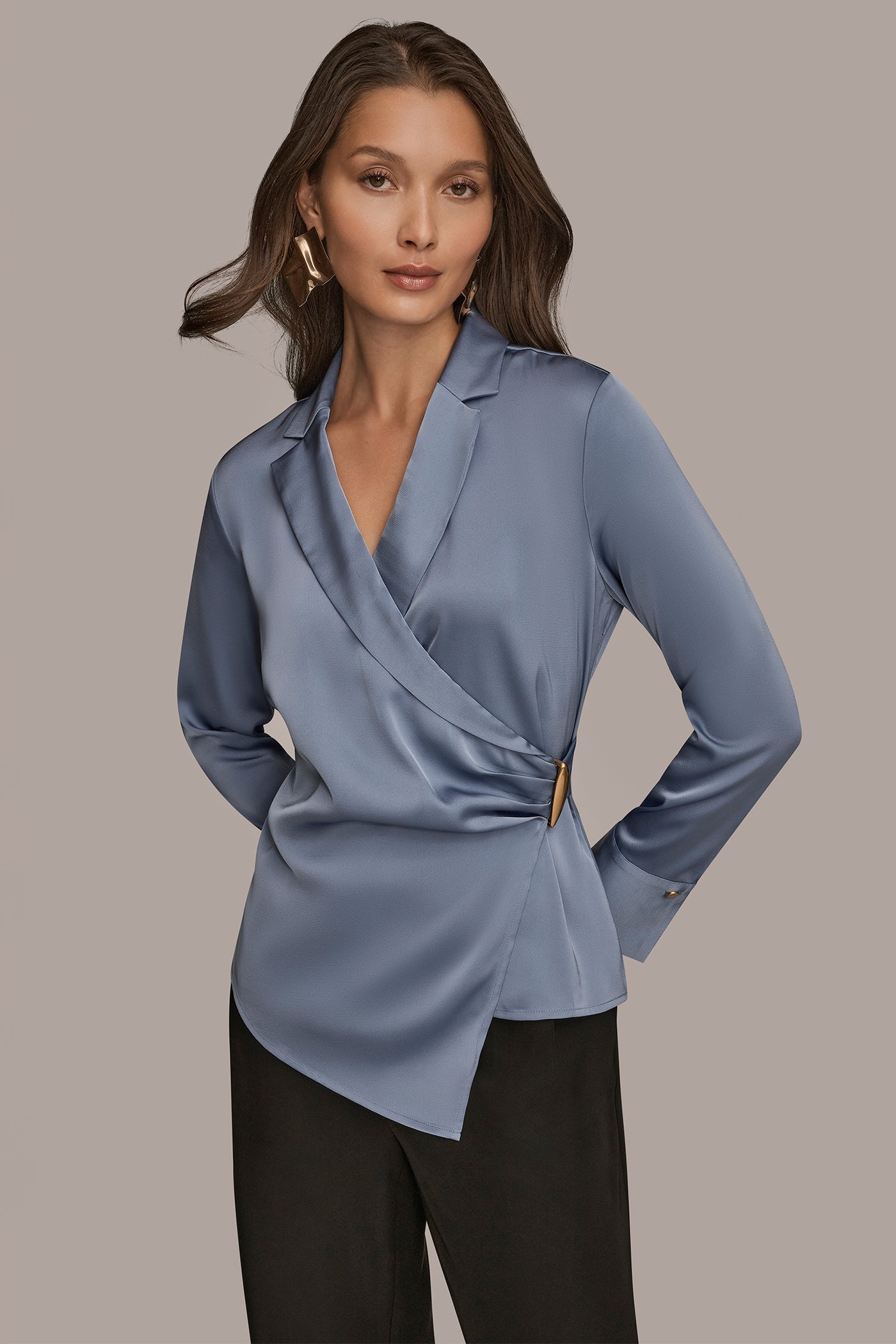 ASYMMETRIC WRAP-EFFECT BUTTON-EMBELLISHED SATIN BLOUSE | View 1 | Tops ASYMMETRIC WRAP-EFFECT BUTTON-EMBELLISHED SATIN BLOUSE | View 1 | Tops