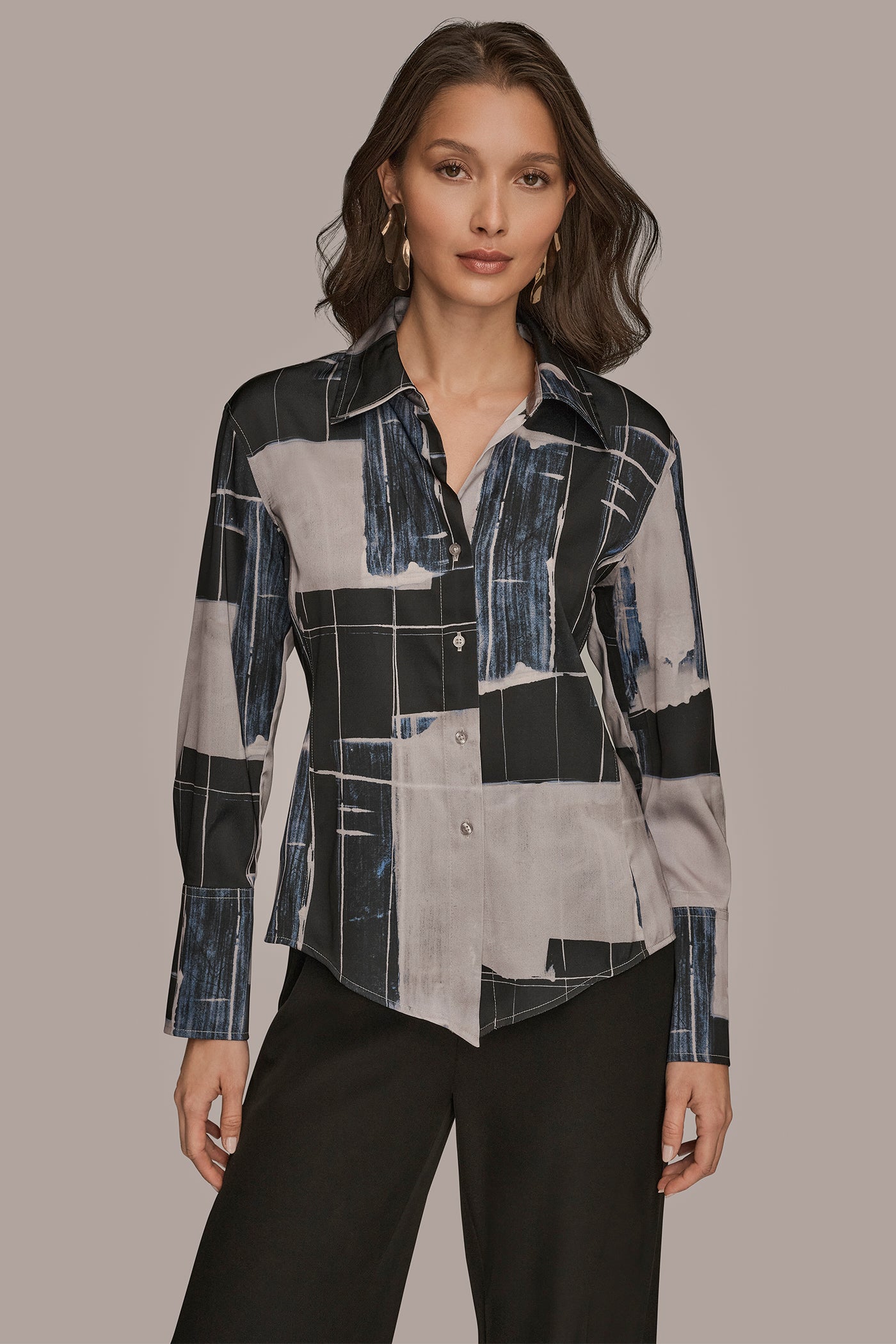 ABSTRACT PRINT HANDKERCHIEF HEM SATIN SHIRT | View 1 | Tops ABSTRACT PRINT HANDKERCHIEF HEM SATIN SHIRT | View 1 | Tops