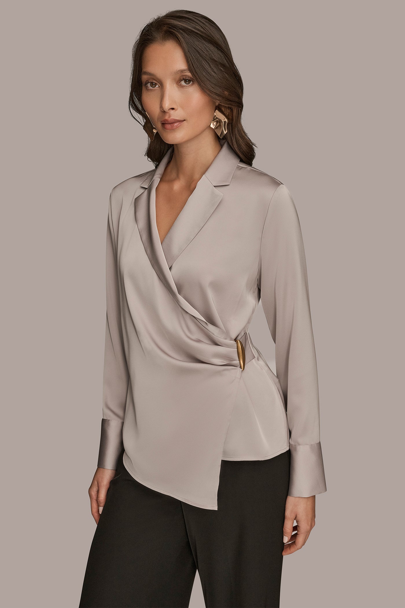 ASYMMETRIC WRAP-EFFECT BUTTON-EMBELLISHED SATIN BLOUSE VIEW 3 | Tops ASYMMETRIC WRAP-EFFECT BUTTON-EMBELLISHED SATIN BLOUSE VIEW 3 | Tops