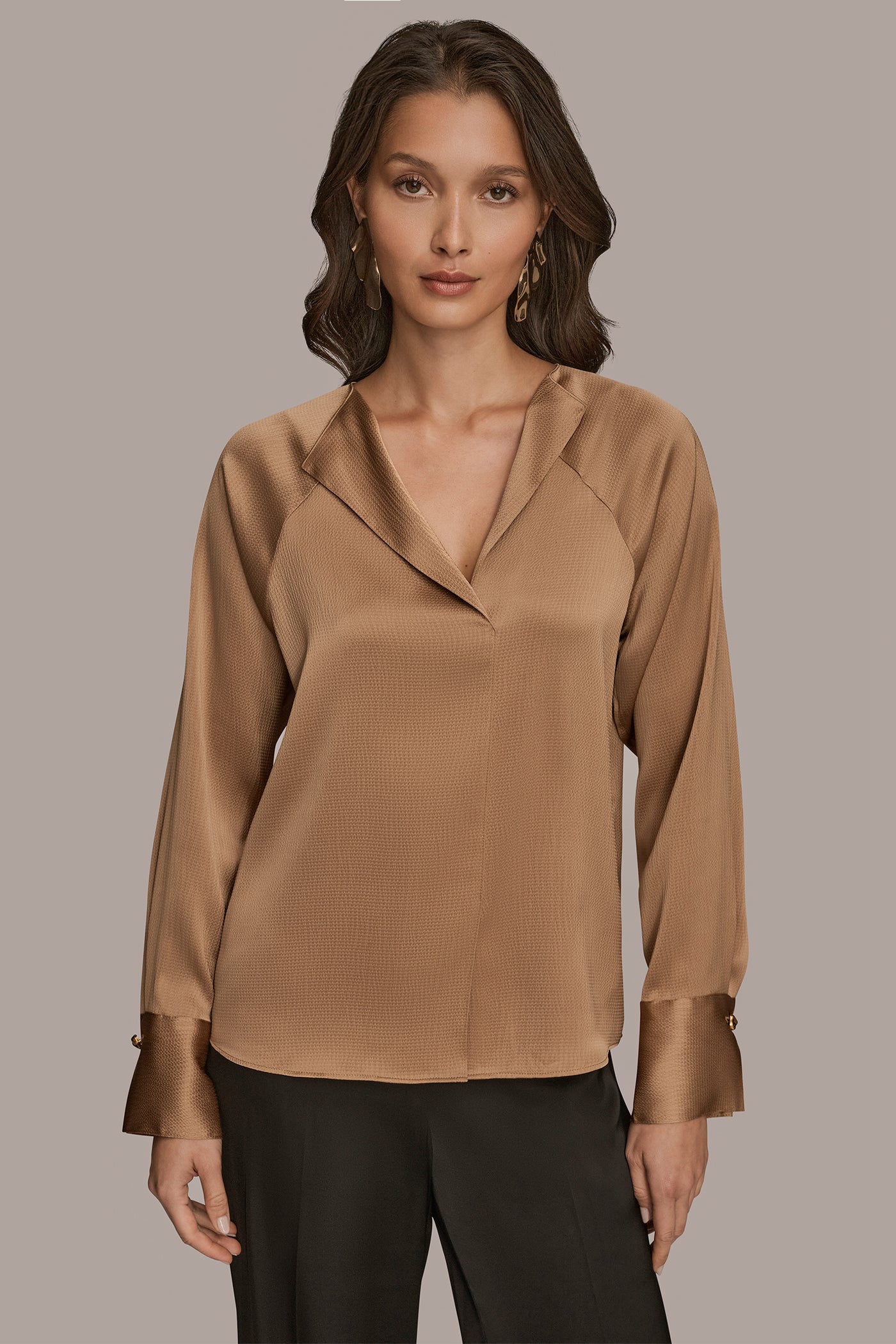 HAMMERED SATIN LONG SLEEVE V-NECK TOP | View 1 | Tops & Sweaters HAMMERED SATIN LONG SLEEVE V-NECK TOP | View 1 | Tops & Sweaters