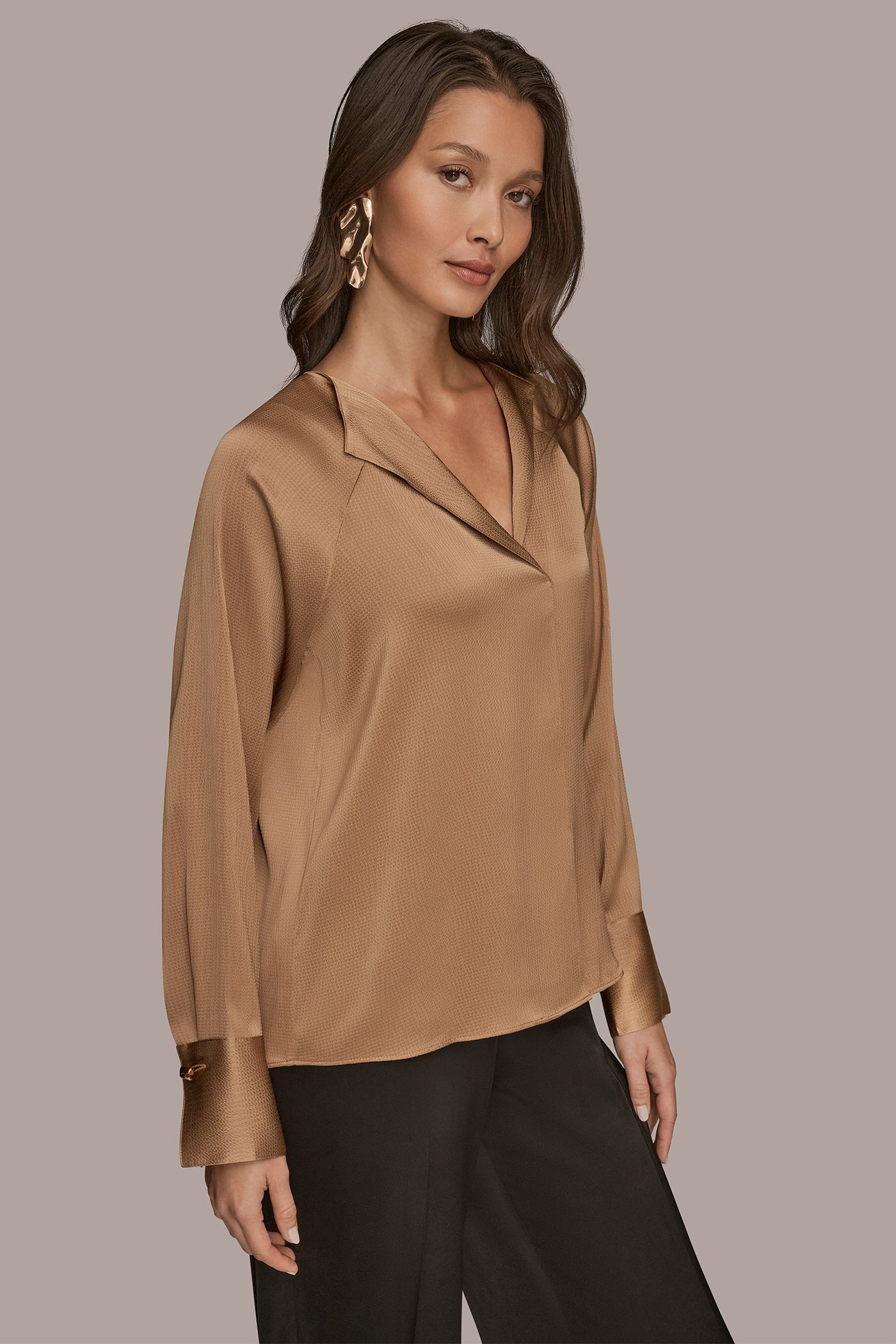 HAMMERED SATIN LONG SLEEVE V-NECK TOP VIEW 3 | Tops & Sweaters HAMMERED SATIN LONG SLEEVE V-NECK TOP VIEW 3 | Tops & Sweaters