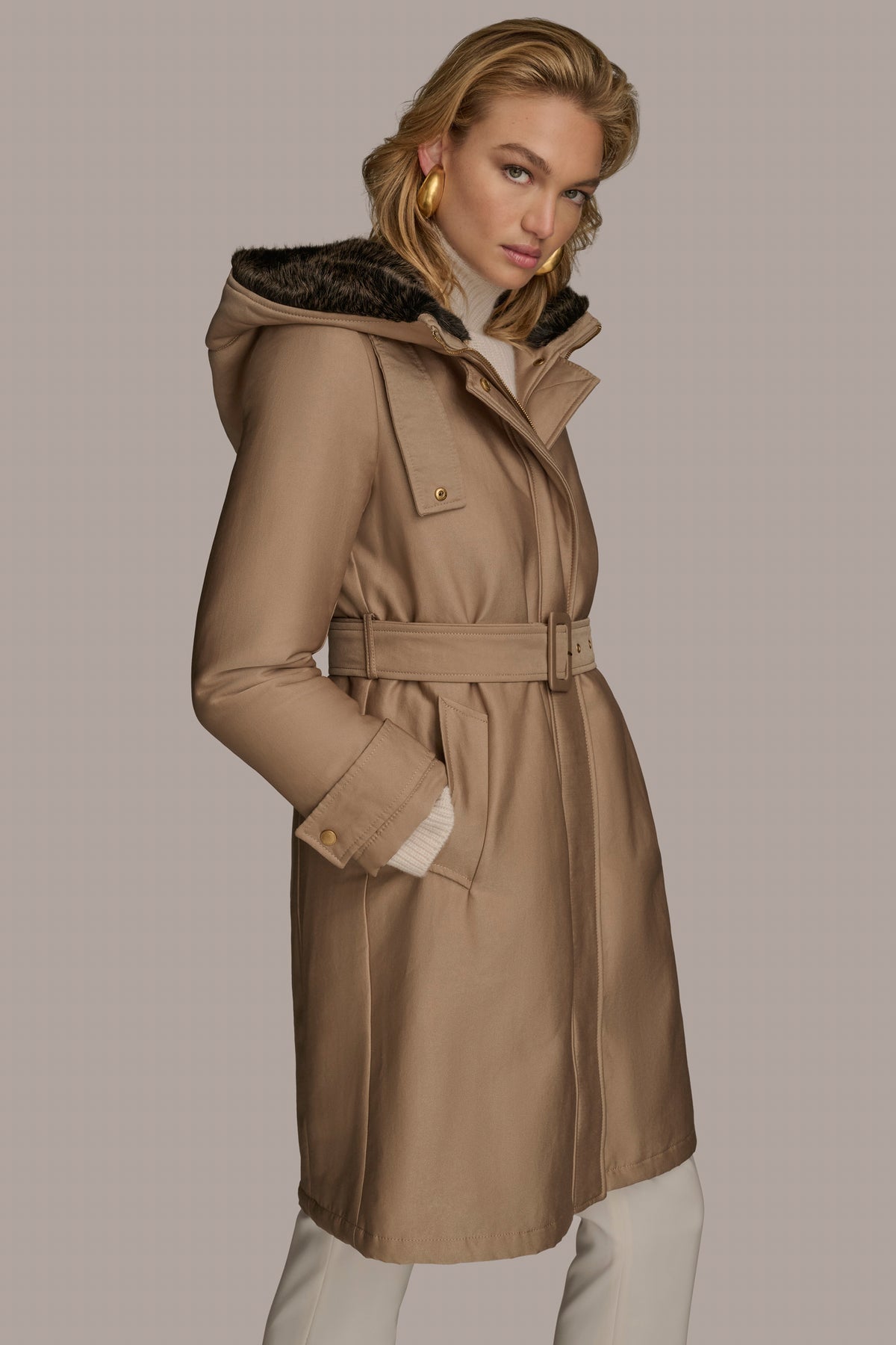 Faux Fur Trim Lined Rain Coat Rain Donna Karan