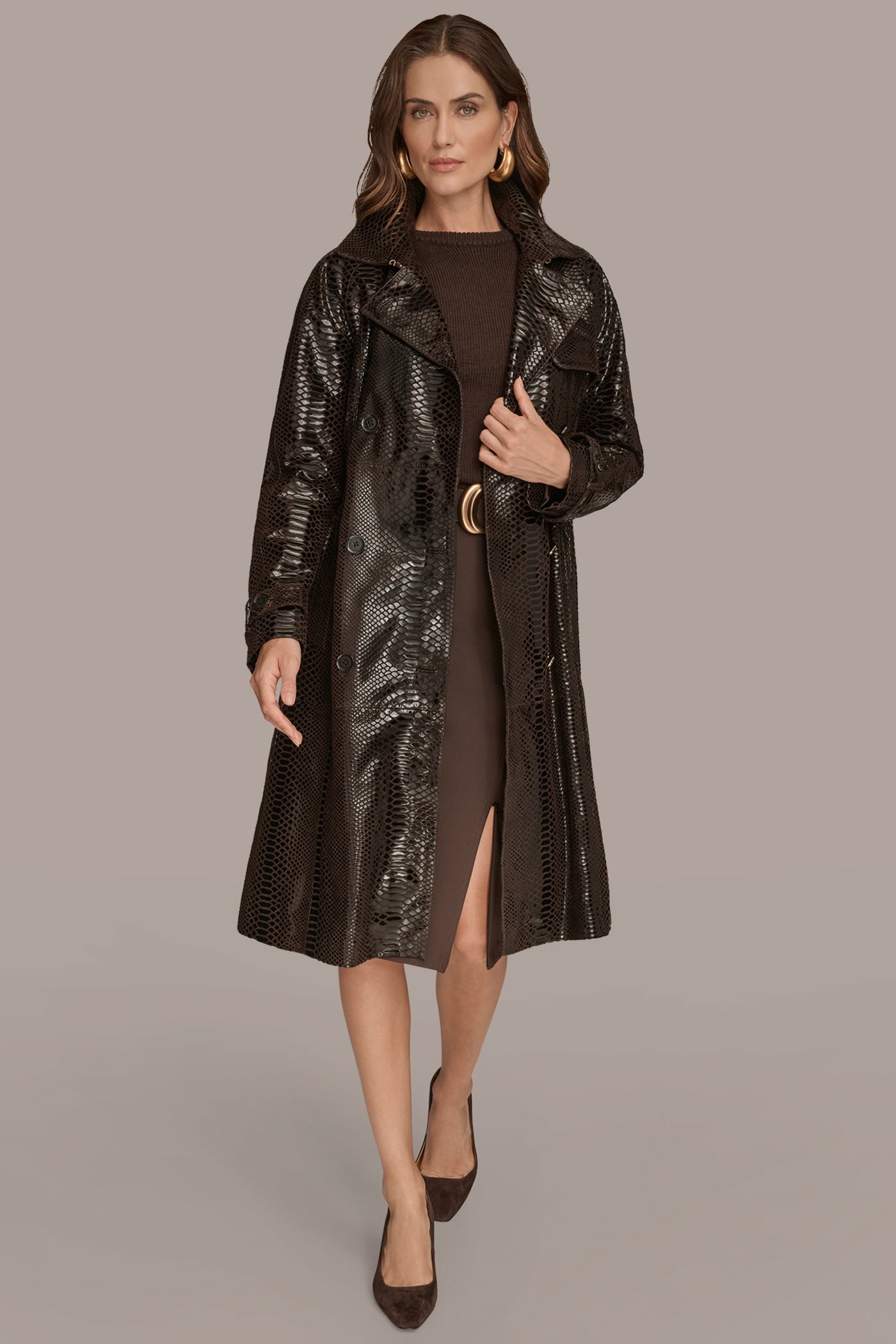 Suede Trench with Foil Snake Print | View 1 | Clothing Suede Trench with Foil Snake Print | View 1 | Clothing