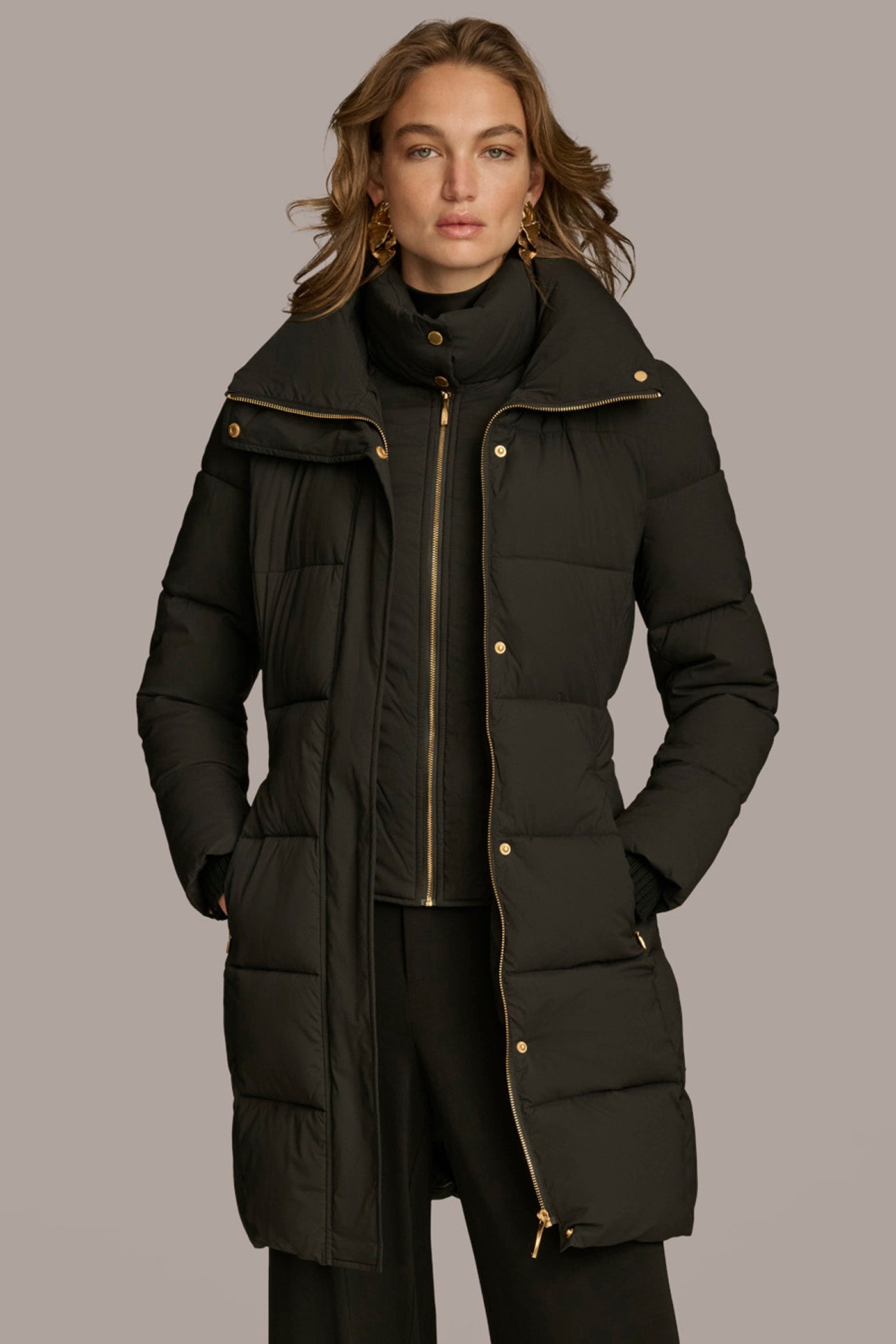 Long Hooded Bib Front Belted Puffer Coat VIEW 3 | Clothing Long Hooded Bib Front Belted Puffer Coat VIEW 3 | Clothing