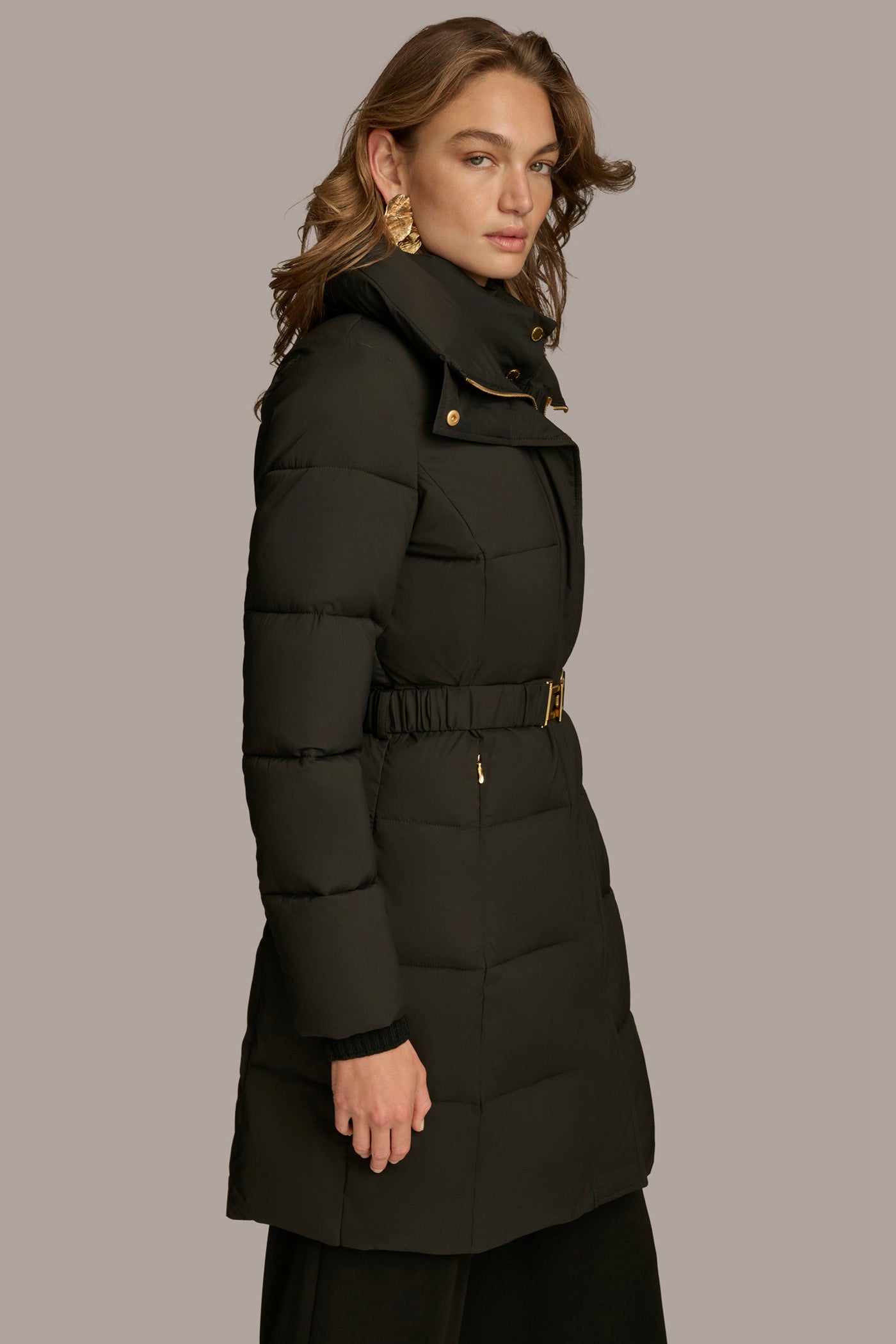 Long Hooded Bib Front Belted Puffer Coat | View 2 | Coats & Jackets Long Hooded Bib Front Belted Puffer Coat | View 2 | Coats & Jackets