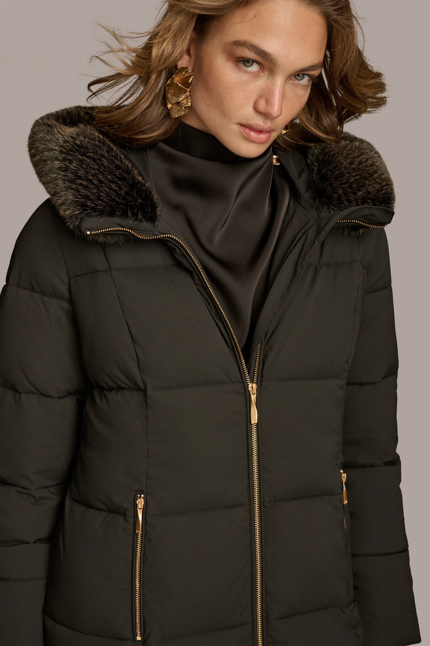 Long Hooded Puffer Coat with Faux Fur Trim VIEW 4 Long Hooded Puffer Coat with Faux Fur Trim VIEW 4