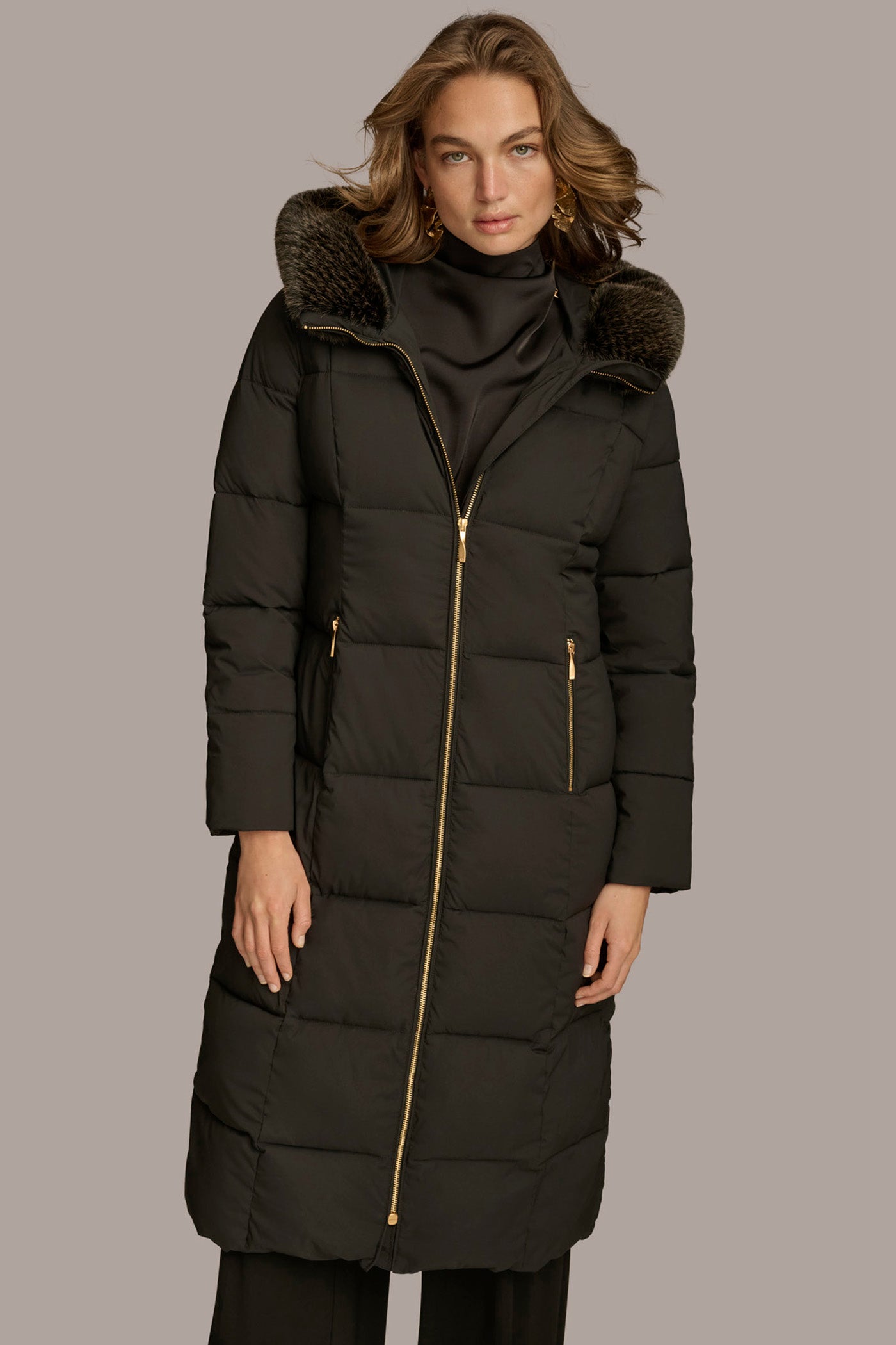 Long Hooded Puffer Coat with Faux Fur Trim | View 1 | Coats & Jackets Long Hooded Puffer Coat with Faux Fur Trim | View 1 | Coats & Jackets